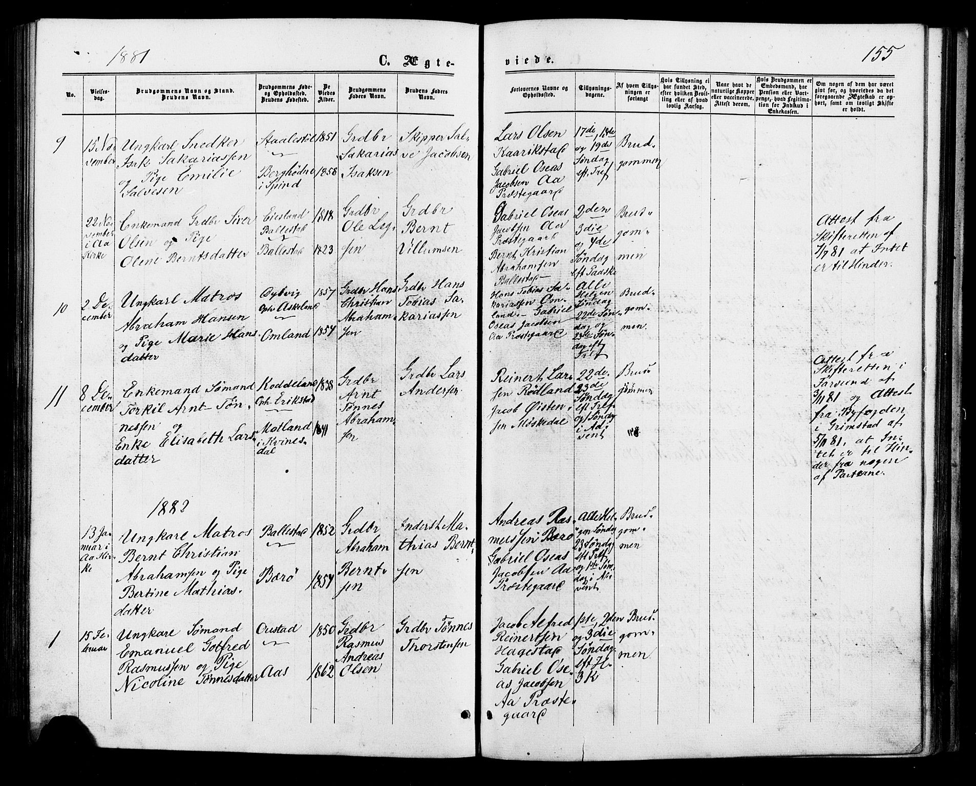 Lyngdal sokneprestkontor, AV/SAK-1111-0029/F/Fa/Faa/L0003: Parish register (official) no. A 3, 1871-1882, p. 155