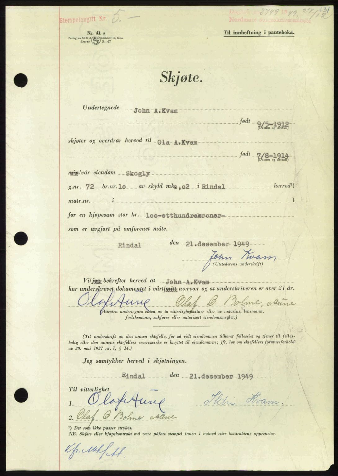 Nordmøre sorenskriveri, AV/SAT-A-4132/1/2/2Ca: Mortgage book no. A113, 1949-1950, Diary no: : 3749/1949