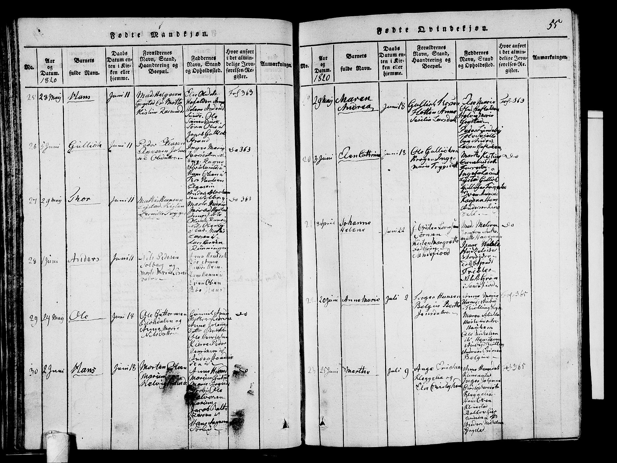 Sandar kirkebøker, SAKO/A-243/G/Ga/L0001: Parish register (copy) no. 1, 1814-1835, p. 55