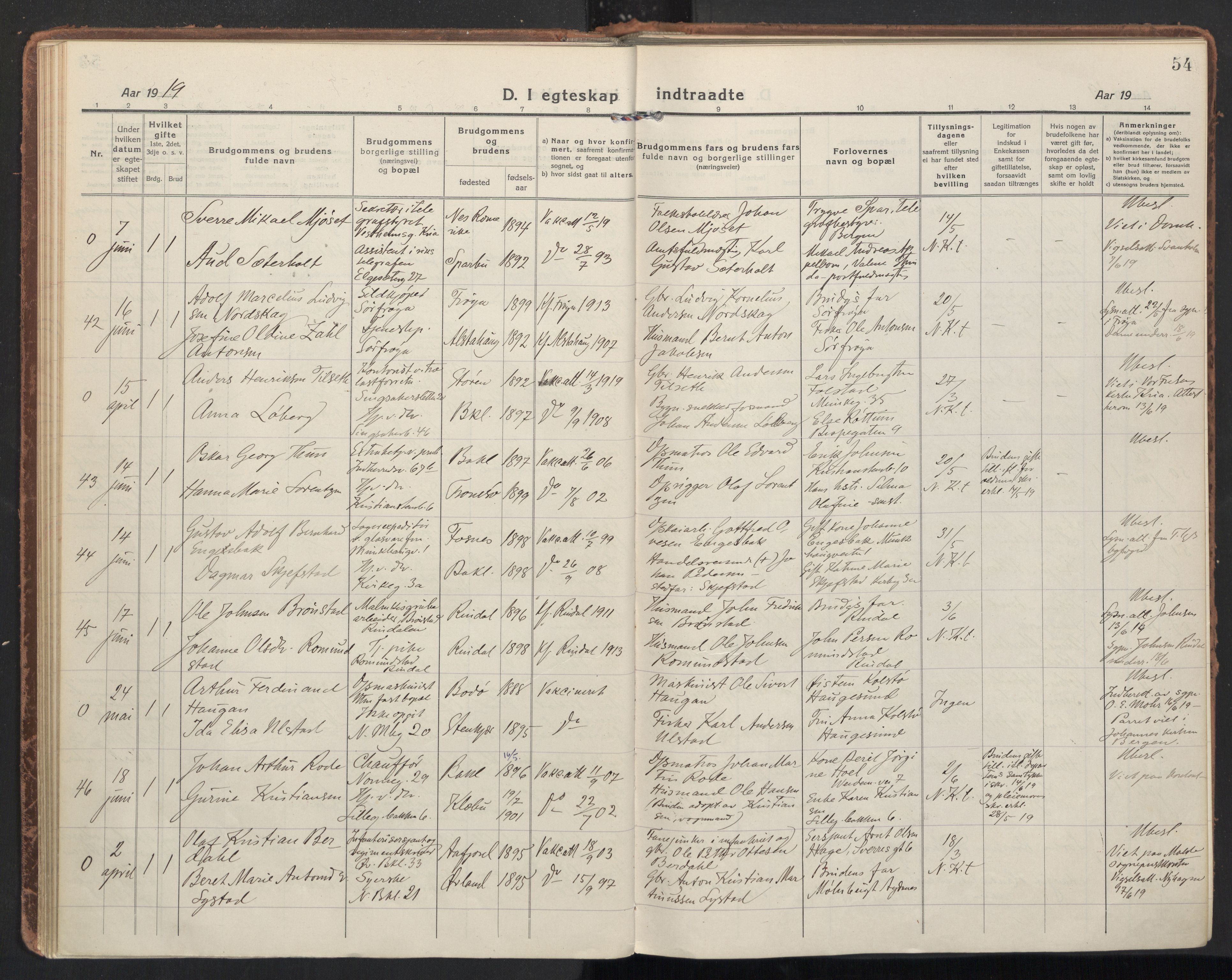 Ministerialprotokoller, klokkerbøker og fødselsregistre - Sør-Trøndelag, AV/SAT-A-1456/604/L0206: Parish register (official) no. 604A26, 1917-1931, p. 54