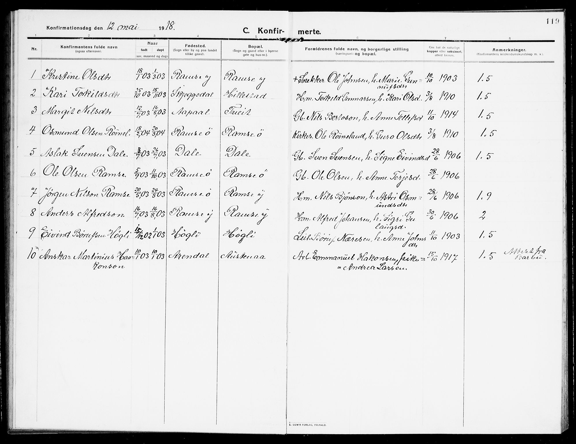 Åmli sokneprestkontor, SAK/1111-0050/F/Fb/Fbb/L0003: Parish register (copy) no. B 3, 1906-1941, p. 119