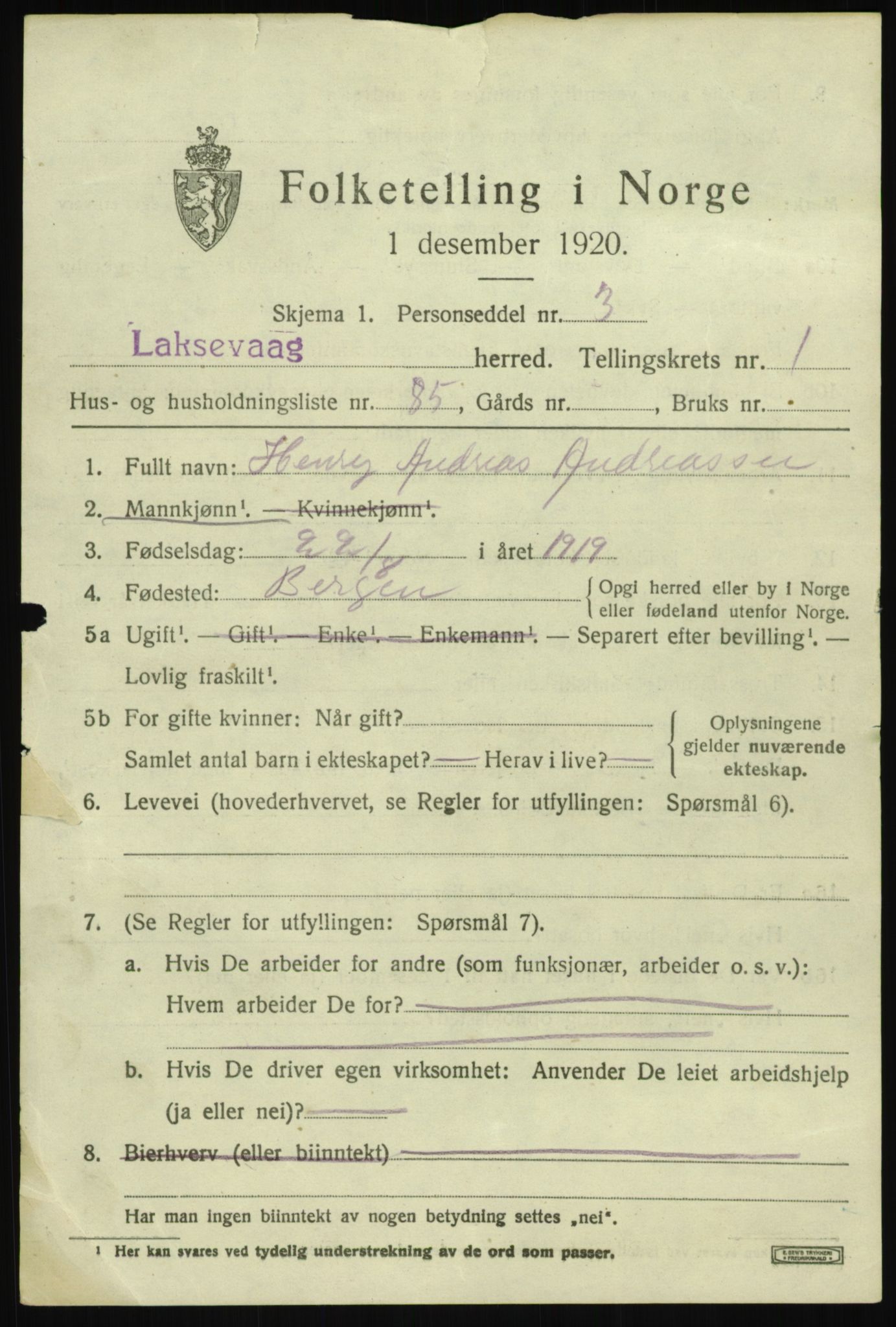 SAB, 1920 census for Laksevåg, 1920, p. 5734