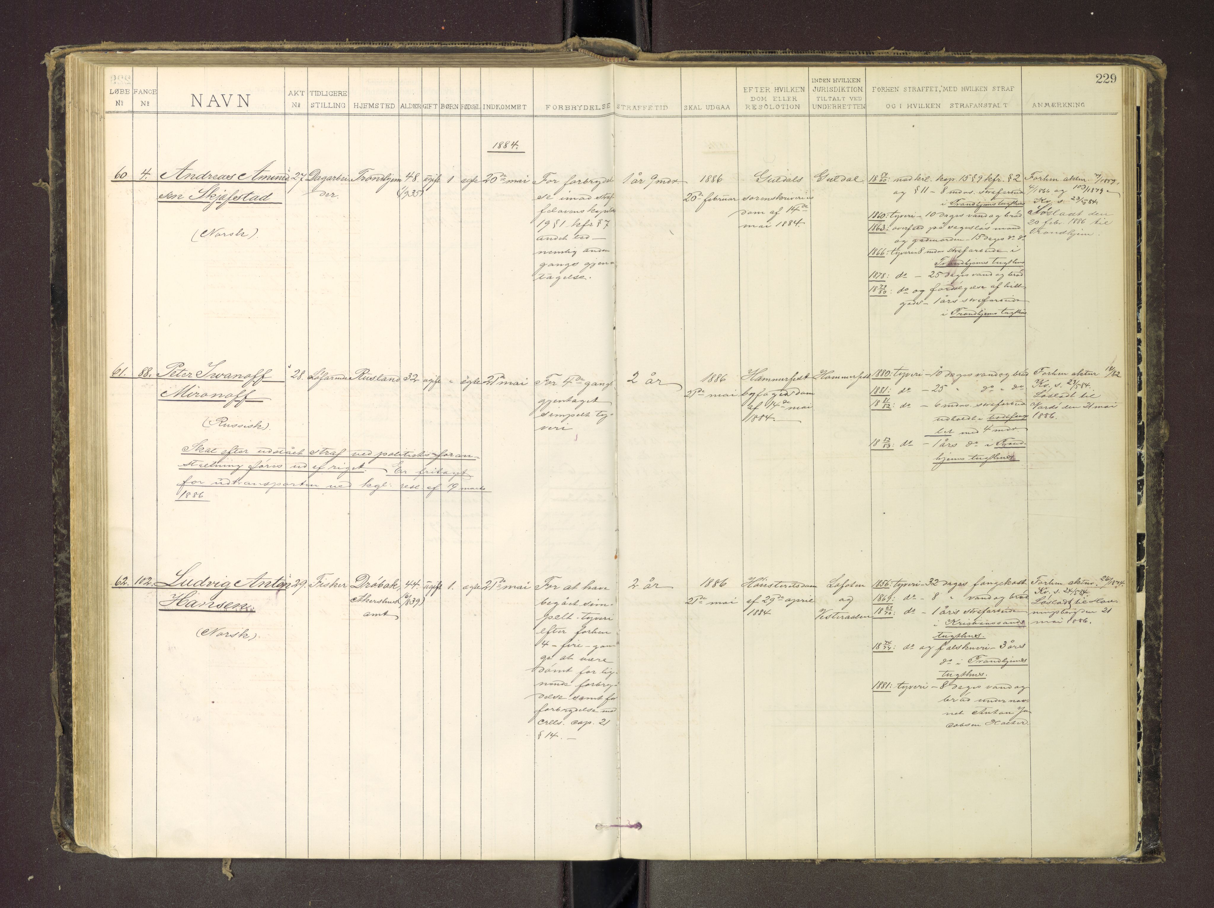 Trondheim tukthus, SAT/A-4619/05/65/L0035: 65.35 Fangeprotokoll m/reg, 1878-1885, p. 229