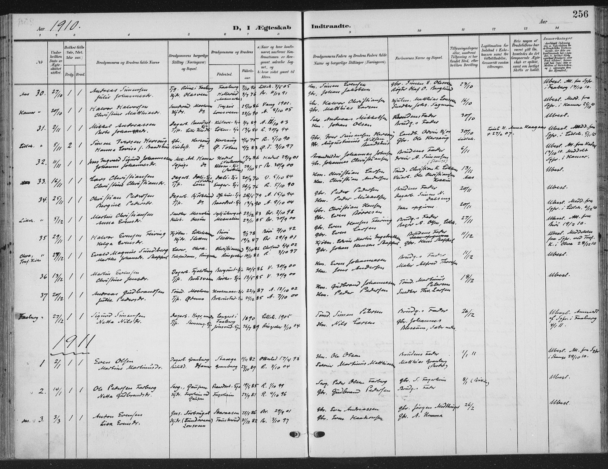 Ringsaker prestekontor, SAH/PREST-014/K/Ka/L0018: Parish register (official) no. 18, 1903-1912, p. 256