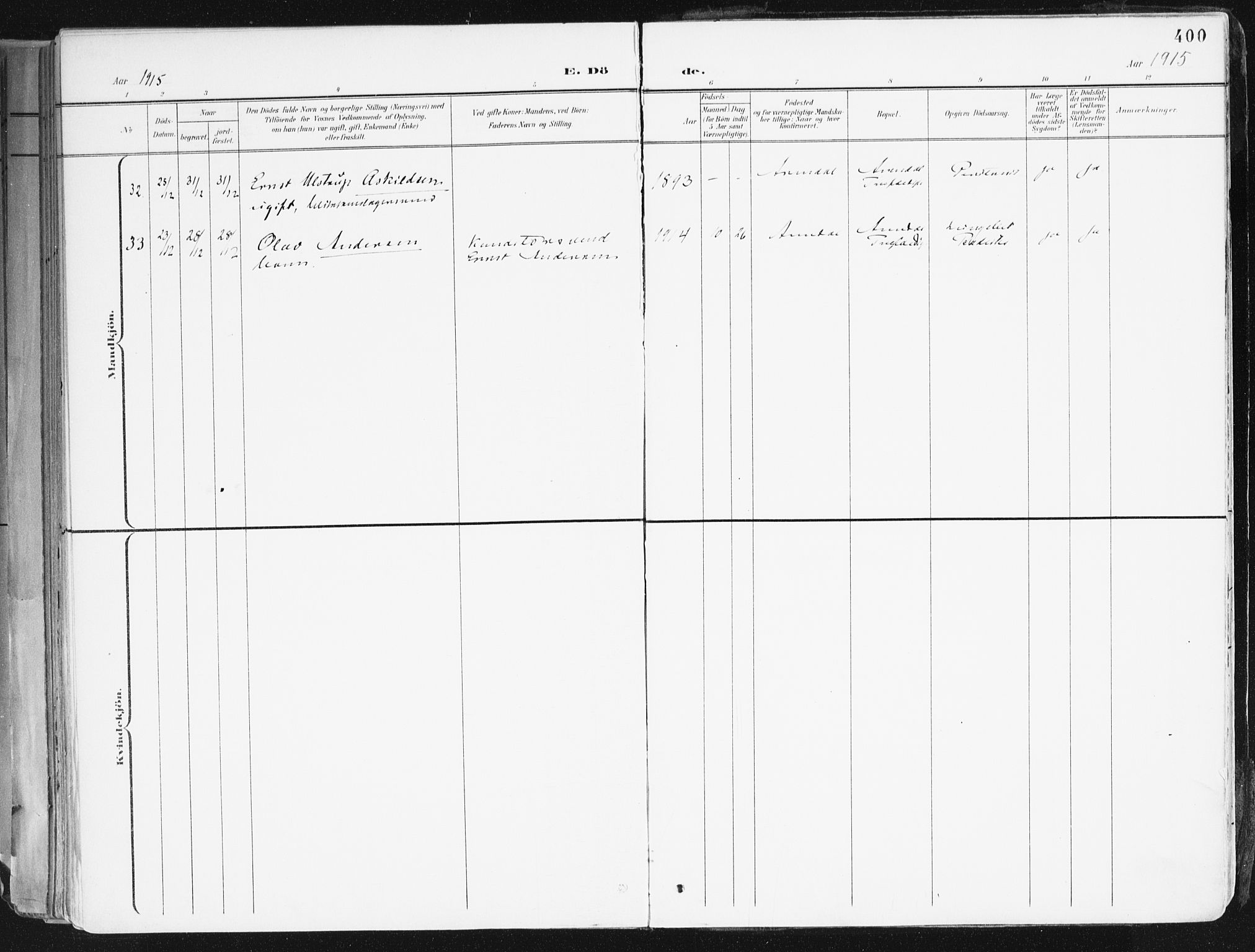 Arendal sokneprestkontor, Trefoldighet, AV/SAK-1111-0040/F/Fa/L0010: Parish register (official) no. A 10, 1900-1919, p. 400