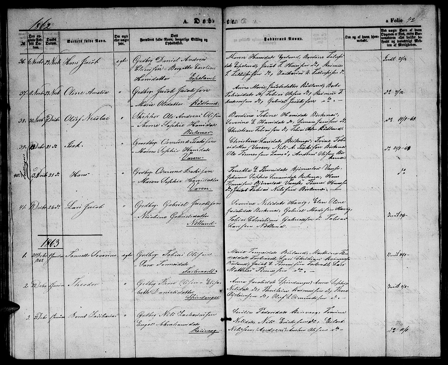 Herad sokneprestkontor, SAK/1111-0018/F/Fb/Fbb/L0002: Parish register (copy) no. B 2, 1853-1871, p. 42
