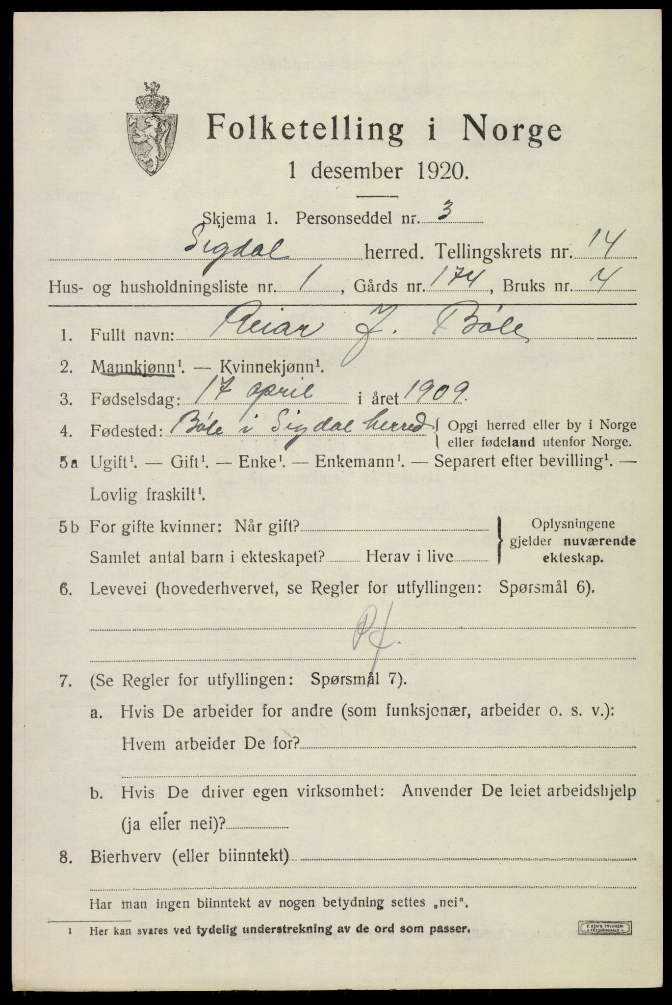 SAKO, 1920 census for Sigdal, 1920, p. 8670