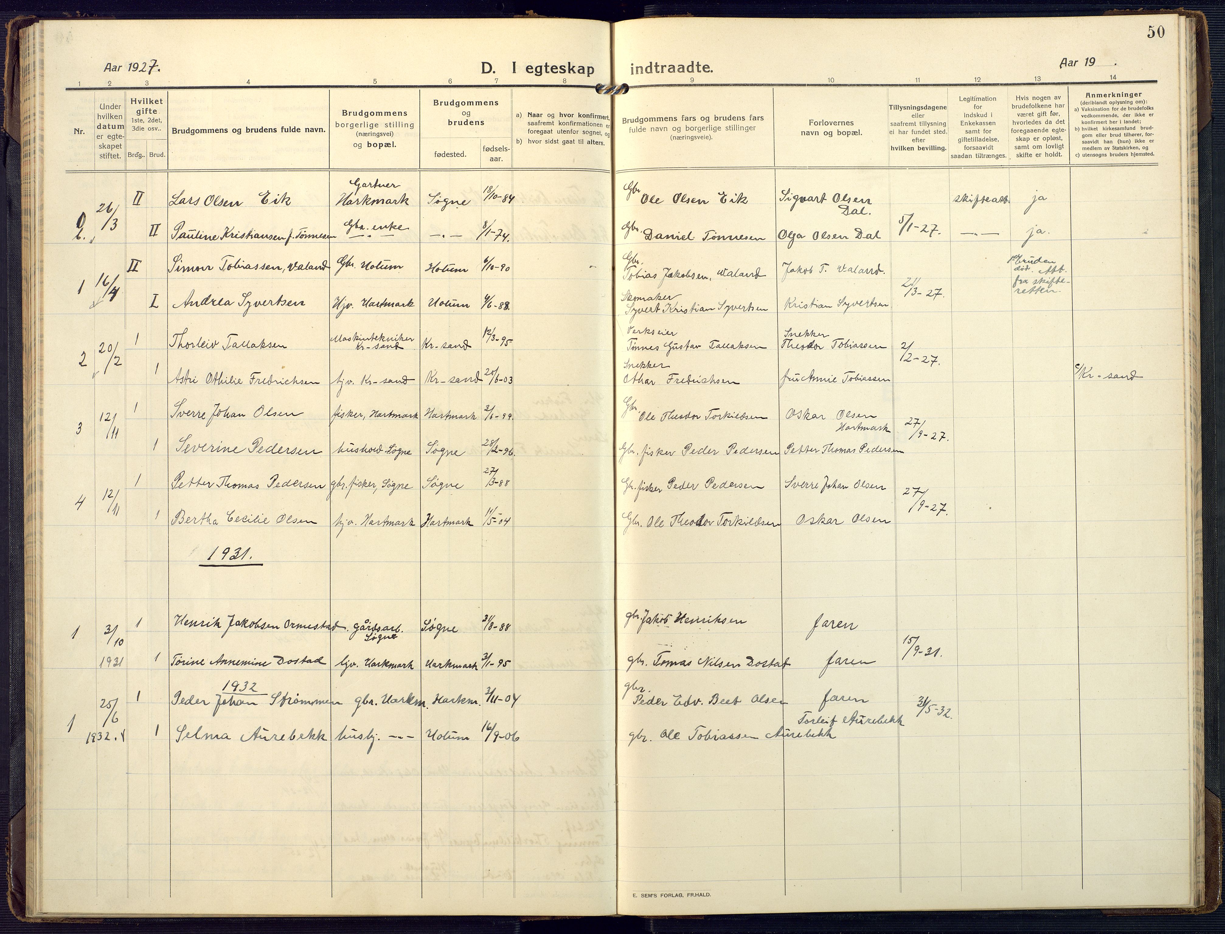 Mandal sokneprestkontor, AV/SAK-1111-0030/F/Fa/Fab/L0003: Parish register (official) no. A 3, 1913-1933, p. 50