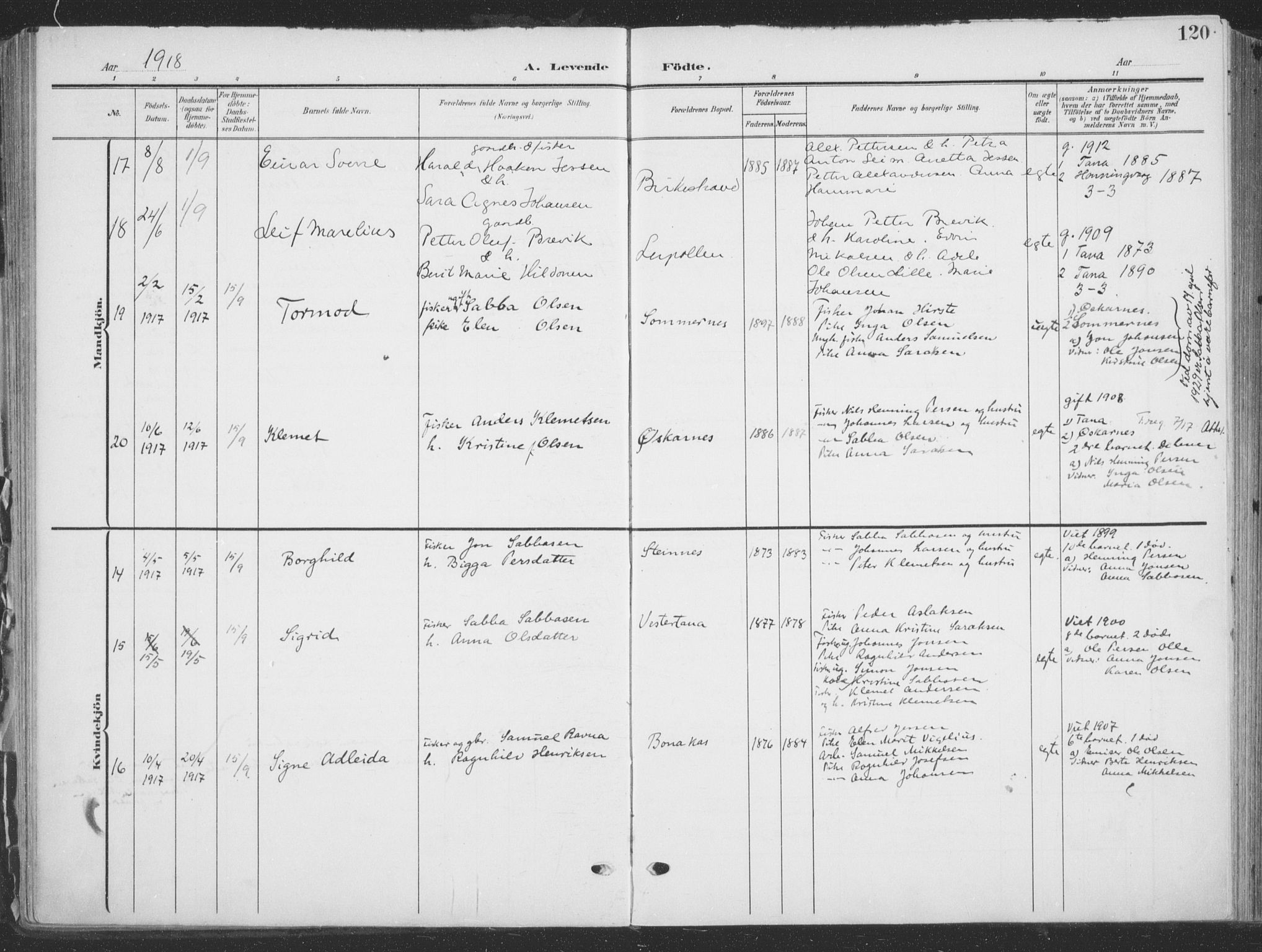 Tana sokneprestkontor, AV/SATØ-S-1334/H/Ha/L0007kirke: Parish register (official) no. 7, 1904-1918, p. 120