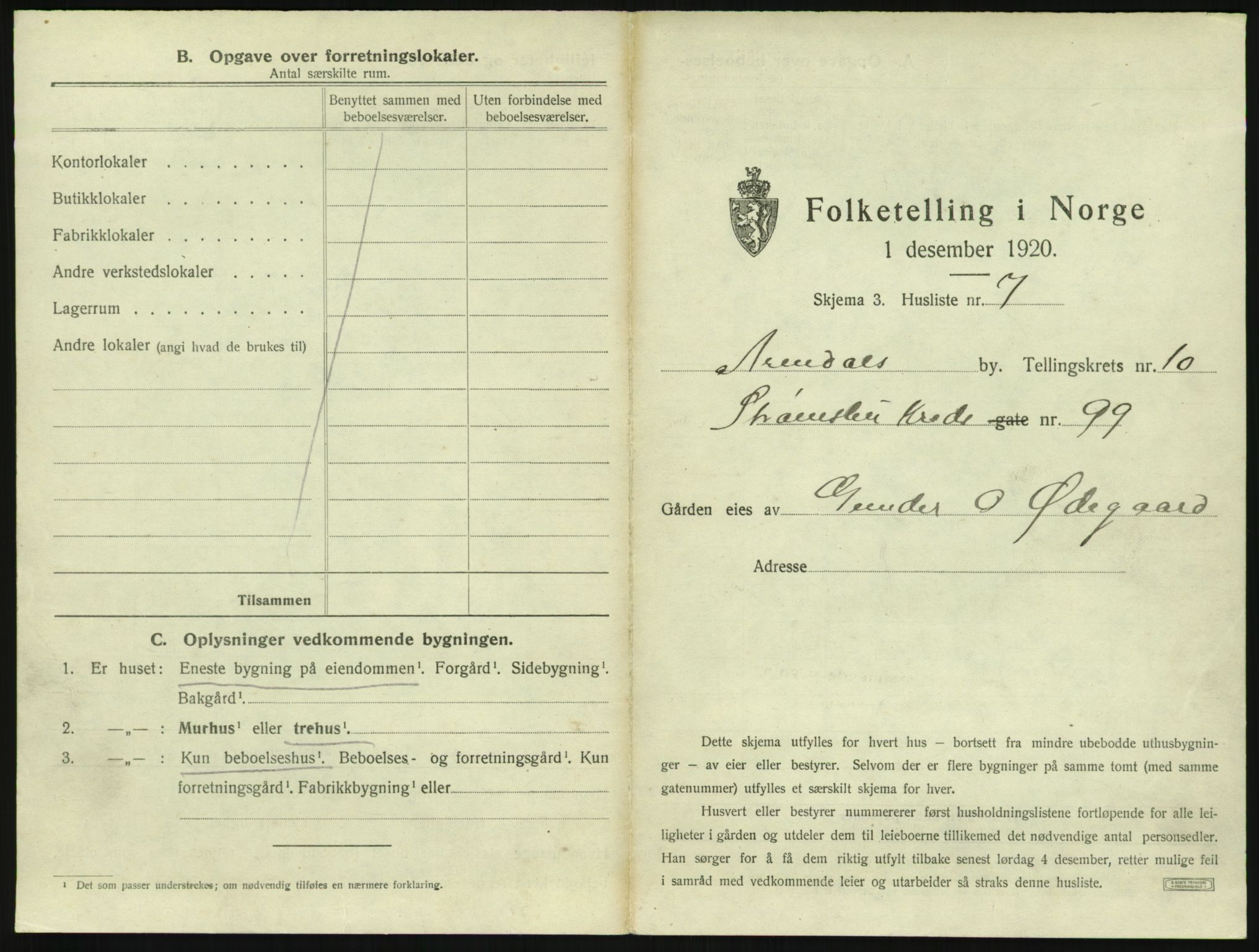 SAK, 1920 census for Arendal, 1920, p. 1300