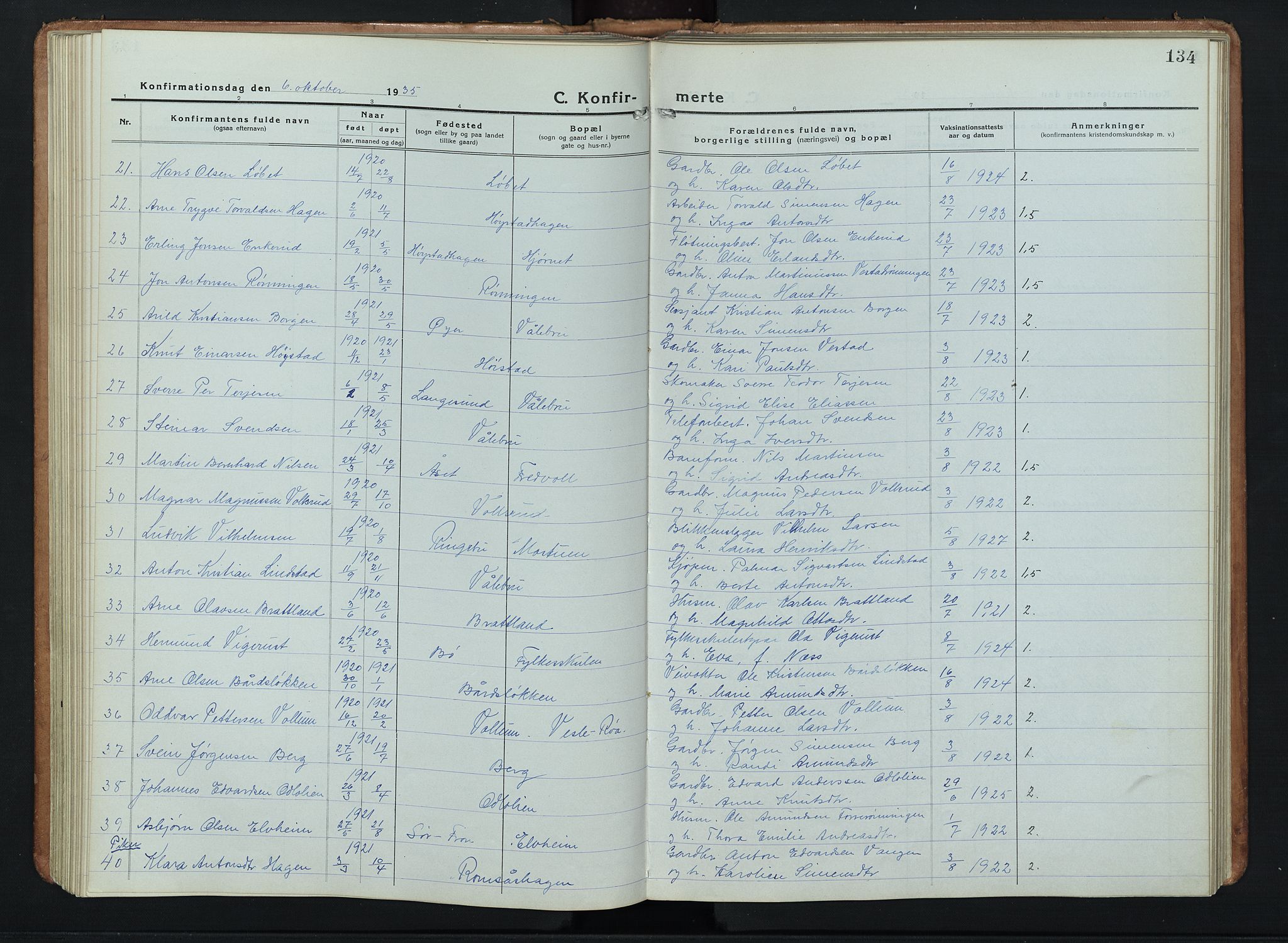 Ringebu prestekontor, SAH/PREST-082/H/Ha/Hab/L0011: Parish register (copy) no. 11, 1921-1943, p. 134