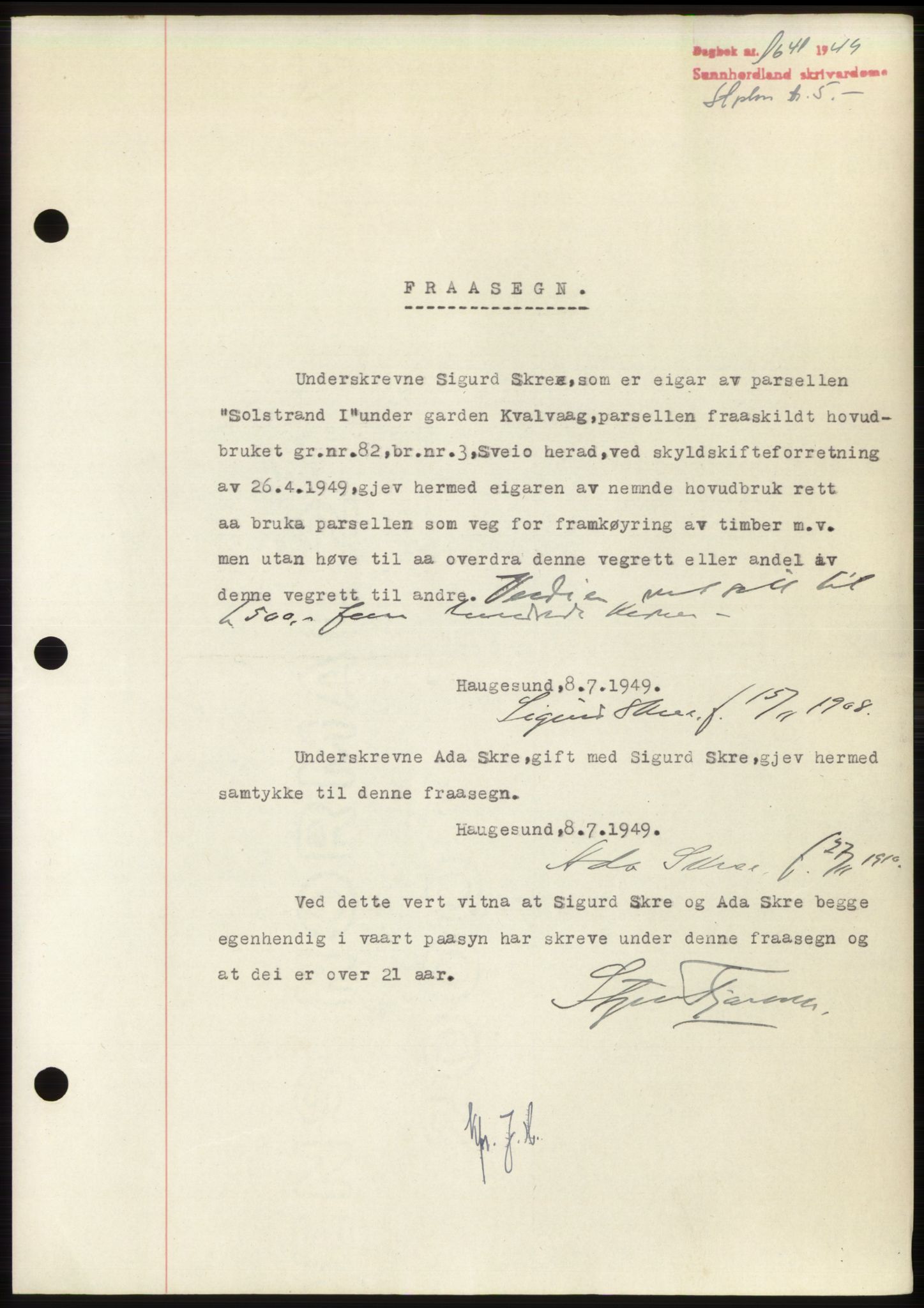 Sunnhordland sorenskrivar, AV/SAB-A-2401: Mortgage book no. B75-79, 1948-1950, Diary no: : 1641/1949