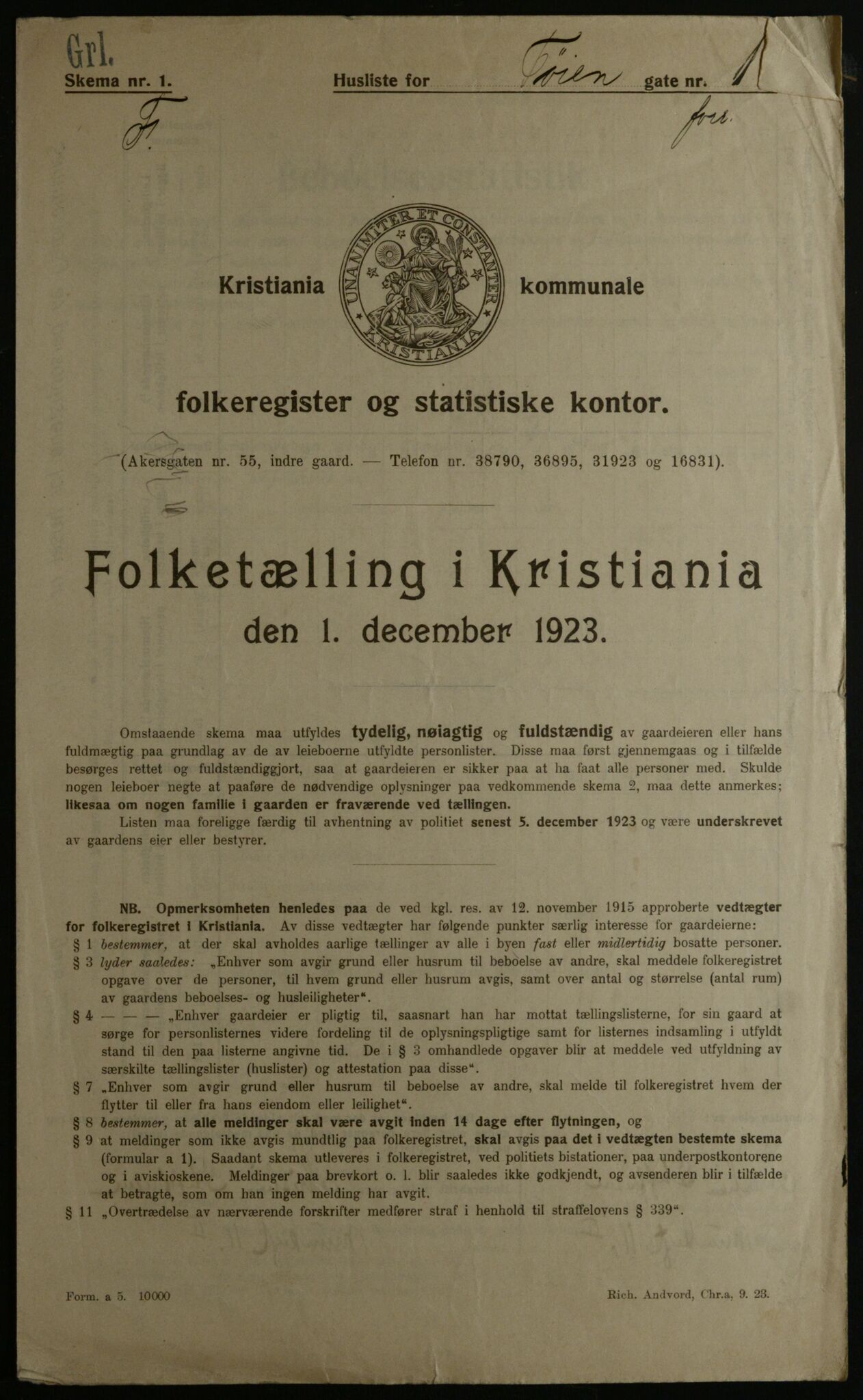OBA, Municipal Census 1923 for Kristiania, 1923, p. 129558