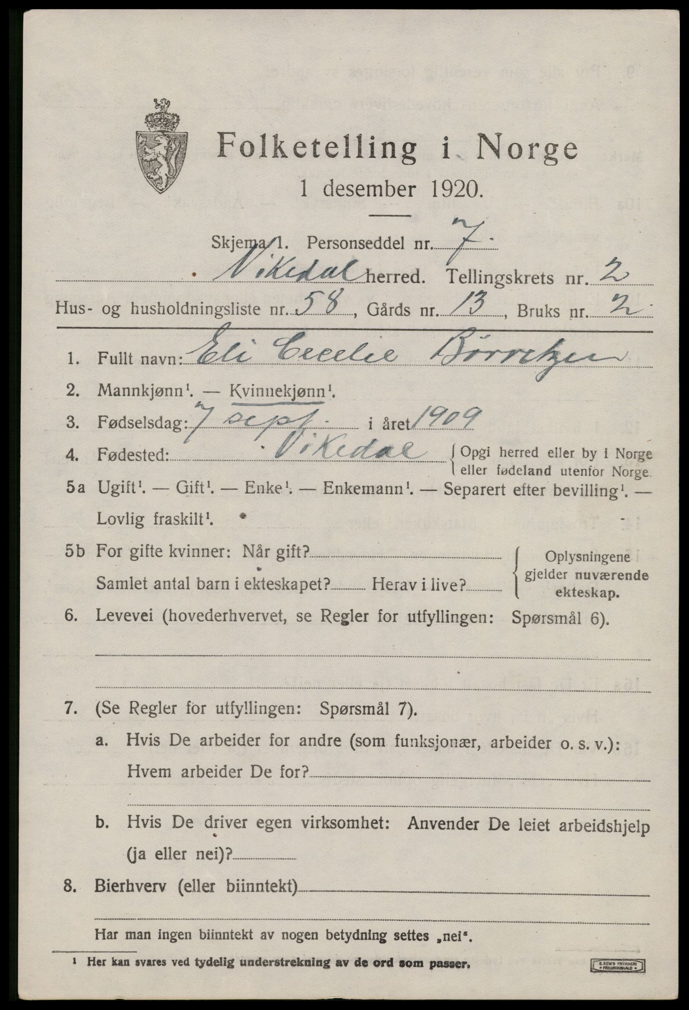 SAST, 1920 census for Vikedal, 1920, p. 1817