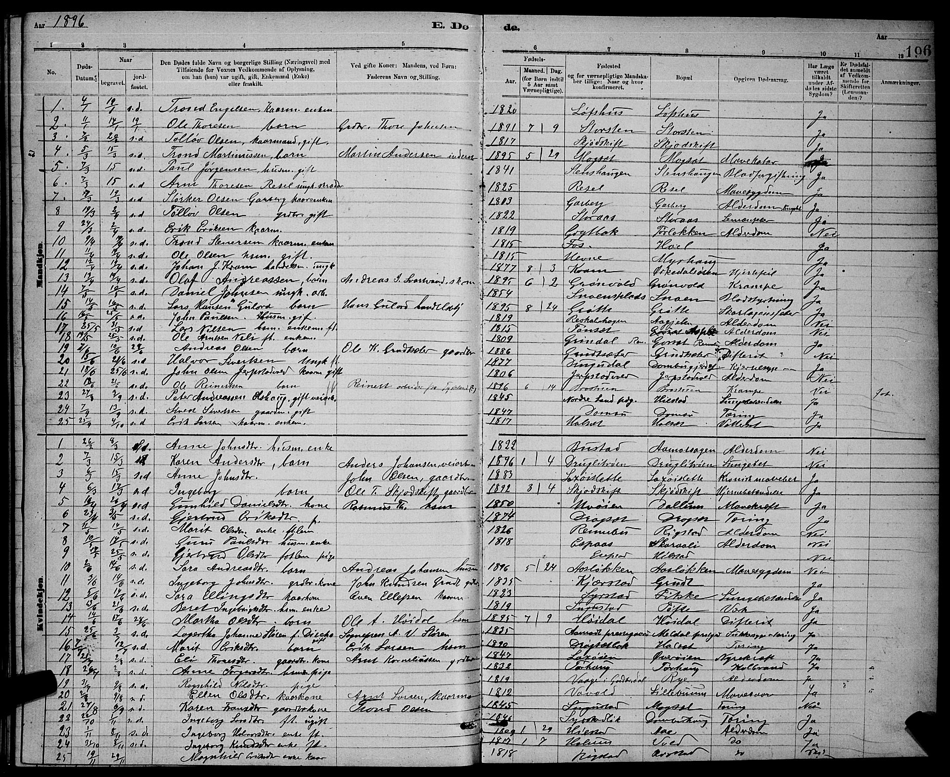 Ministerialprotokoller, klokkerbøker og fødselsregistre - Sør-Trøndelag, SAT/A-1456/672/L0863: Parish register (copy) no. 672C02, 1888-1901, p. 196