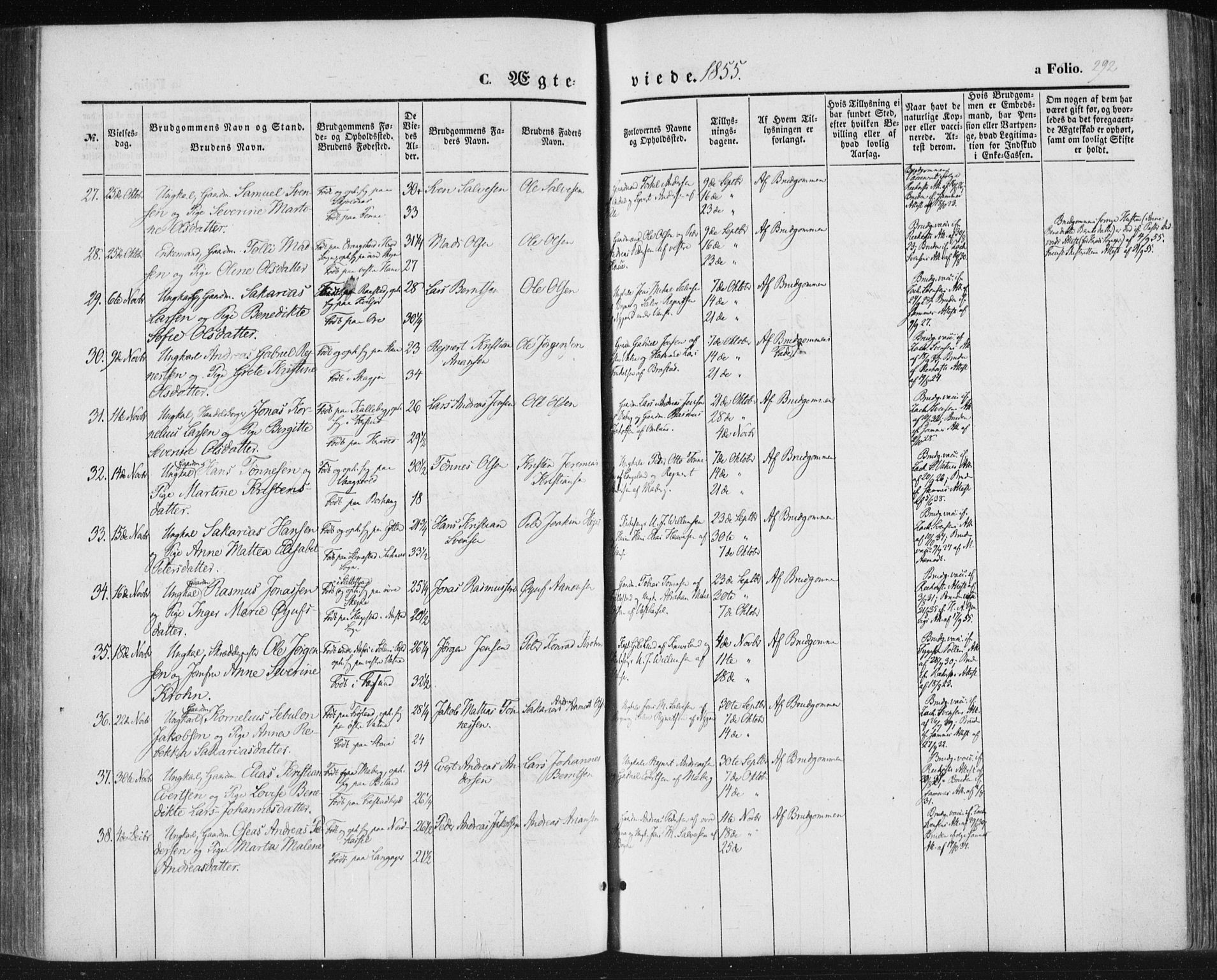 Lista sokneprestkontor, SAK/1111-0027/F/Fa/L0010: Parish register (official) no. A 10, 1846-1861, p. 292