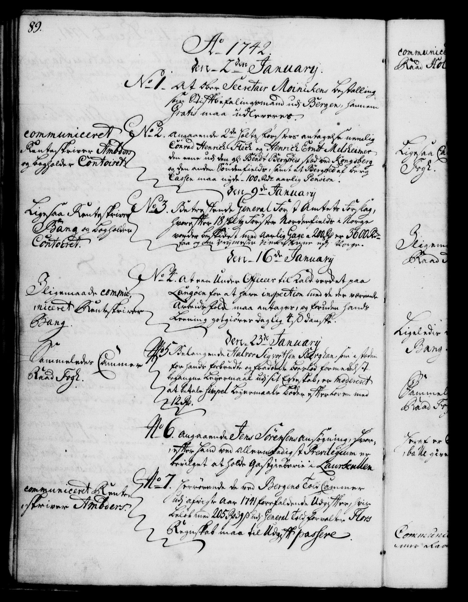 Rentekammeret, Kammerkanselliet, RA/EA-3111/G/Gf/Gfb/L0004: Register til norske relasjons- og resolusjonsprotokoller (merket RK 52.99), 1736-1743, p. 89