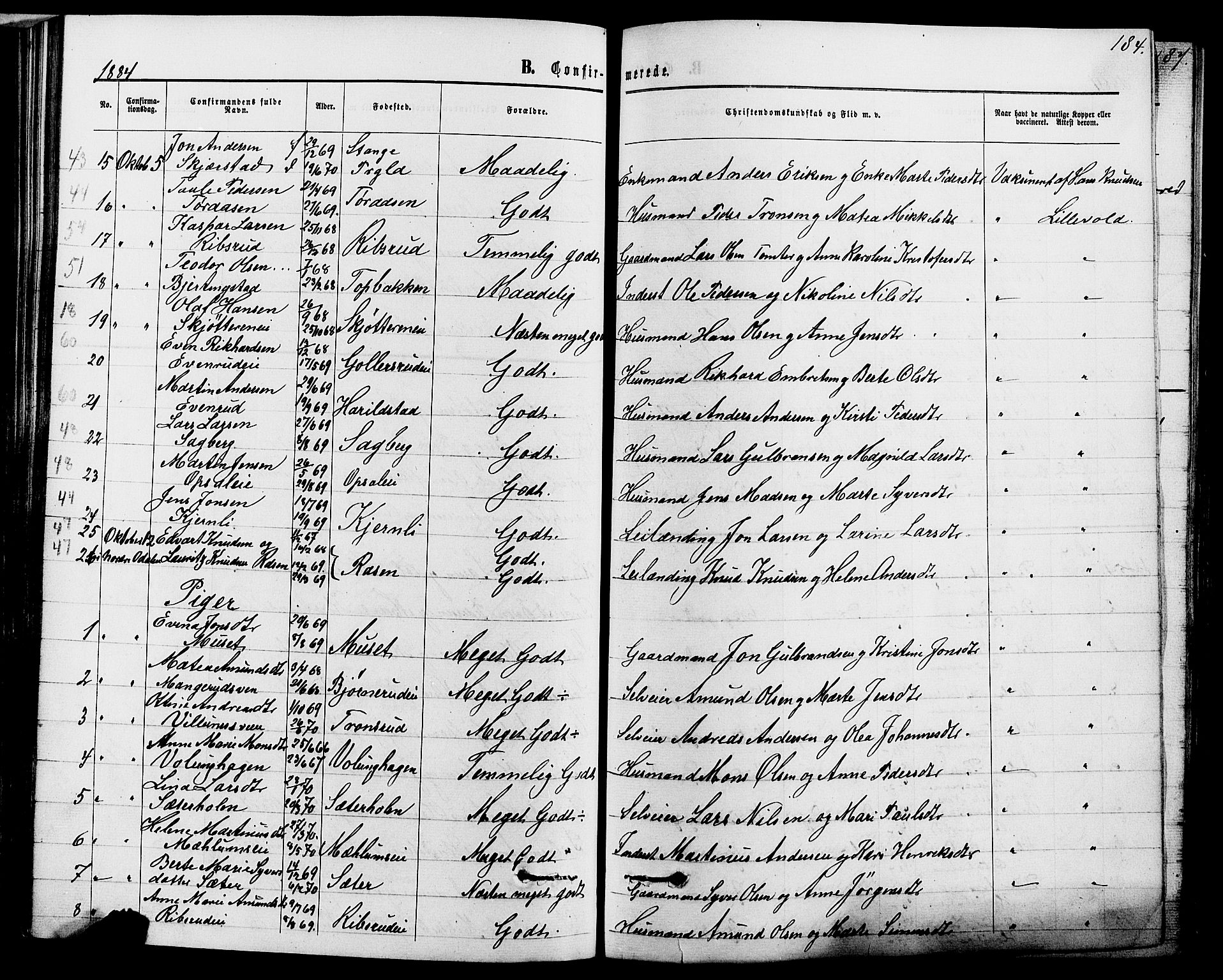 Romedal prestekontor, SAH/PREST-004/K/L0006: Parish register (official) no. 6, 1866-1886, p. 184