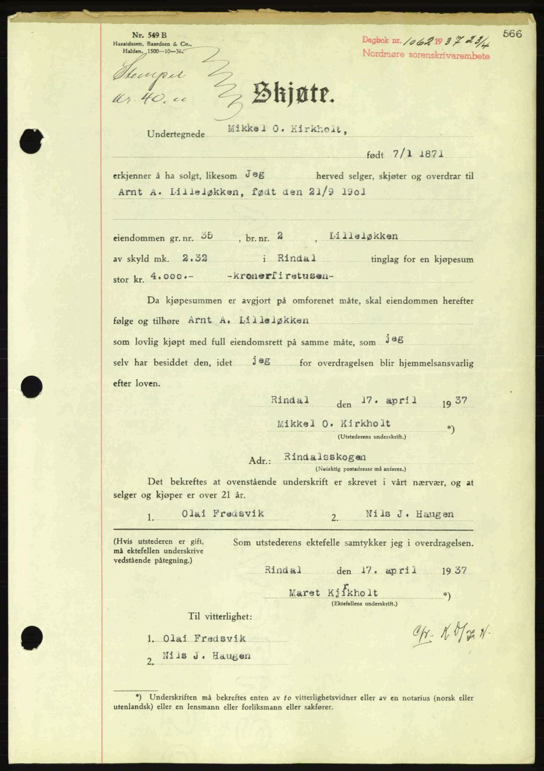 Nordmøre sorenskriveri, AV/SAT-A-4132/1/2/2Ca: Mortgage book no. A81, 1937-1937, Diary no: : 1062/1937