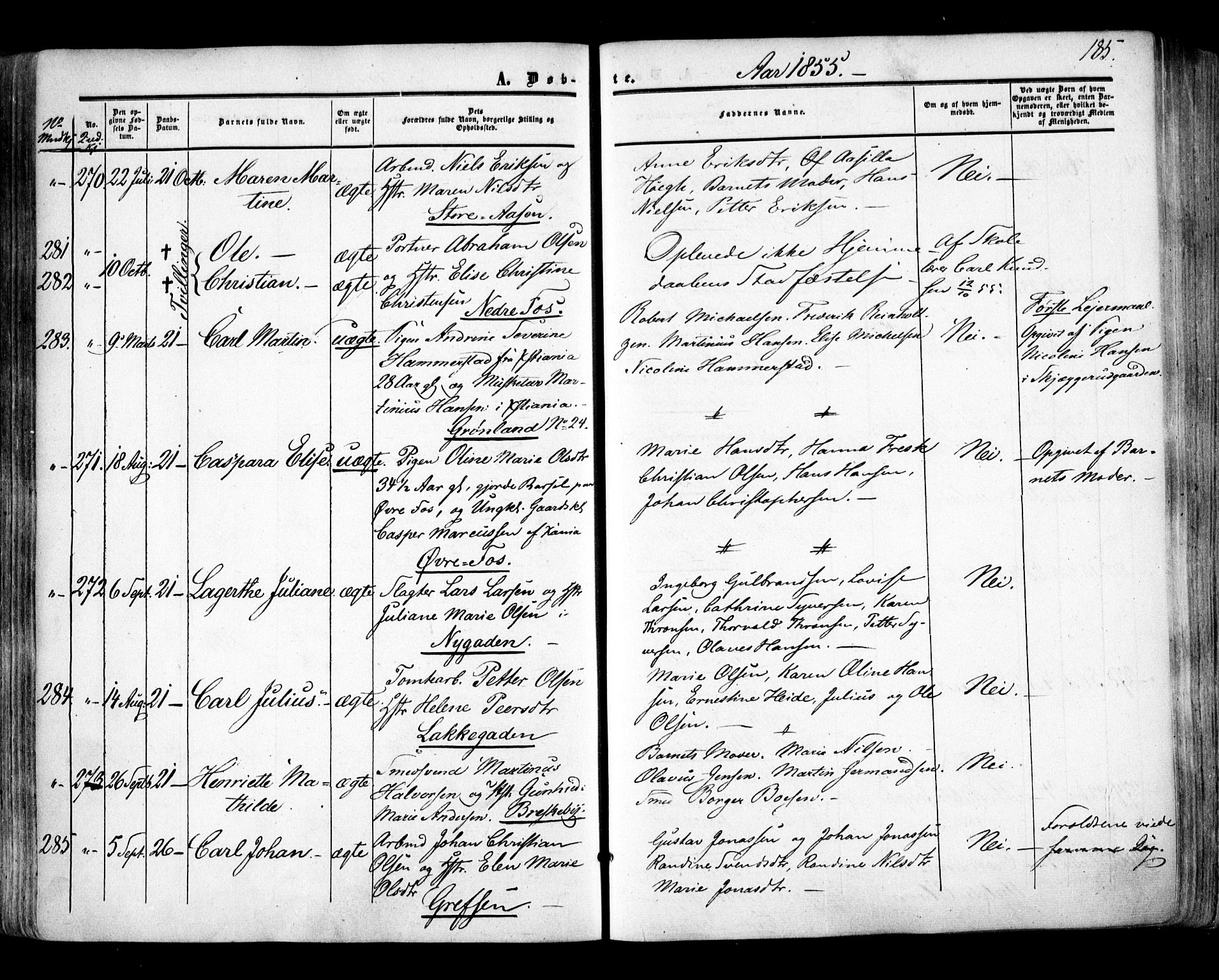 Aker prestekontor kirkebøker, AV/SAO-A-10861/F/L0020: Parish register (official) no. 20, 1853-1857, p. 185