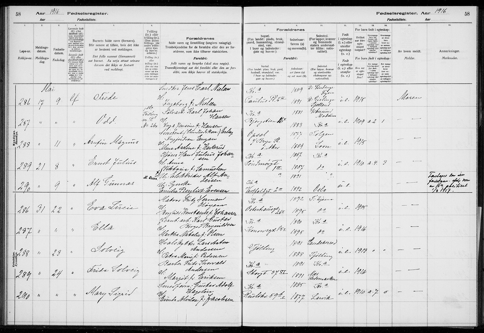 Rikshospitalet prestekontor Kirkebøker, SAO/A-10309b/J/L0001: Birth register no. 1, 1916-1916, p. 58