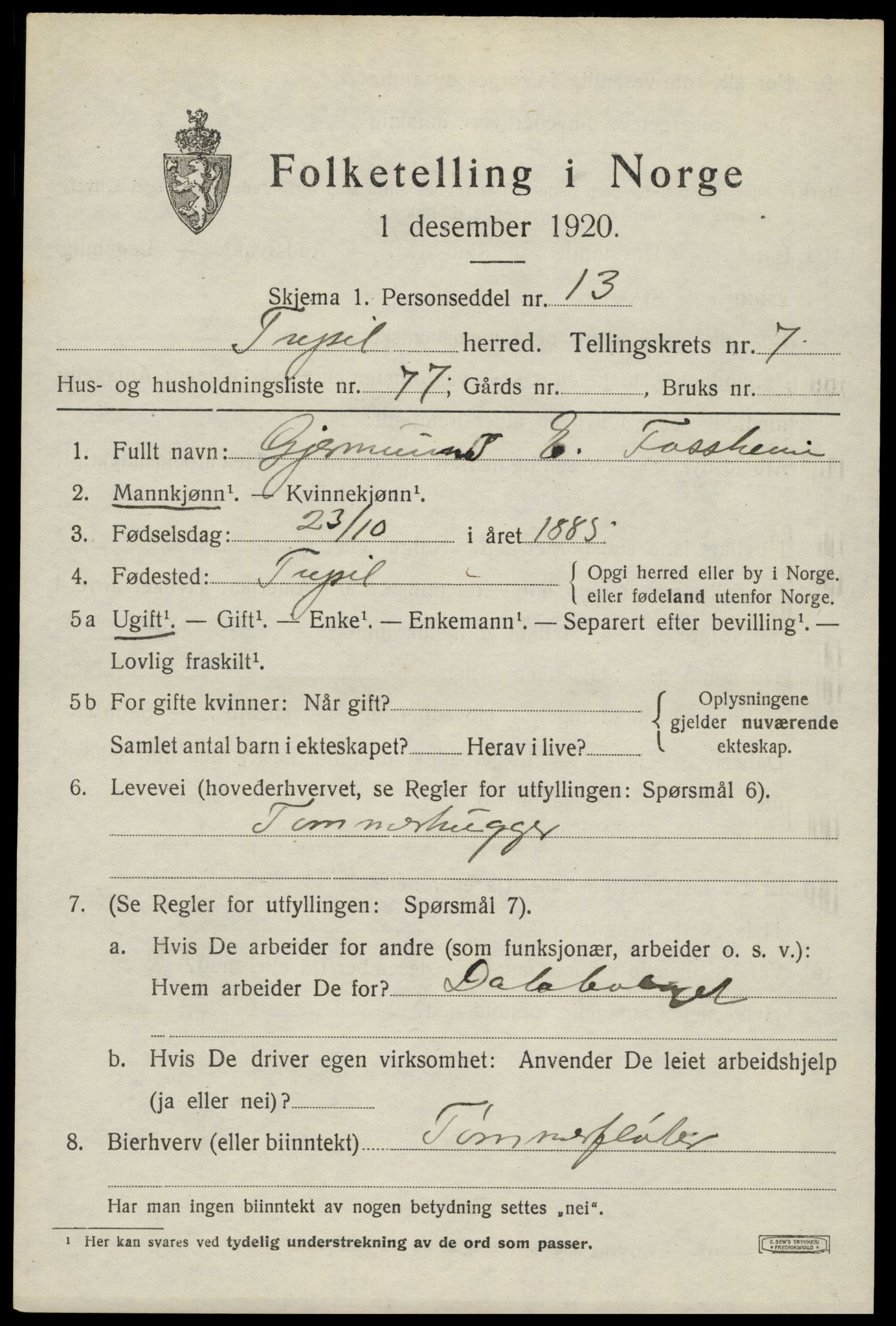 SAH, 1920 census for Trysil, 1920, p. 6217