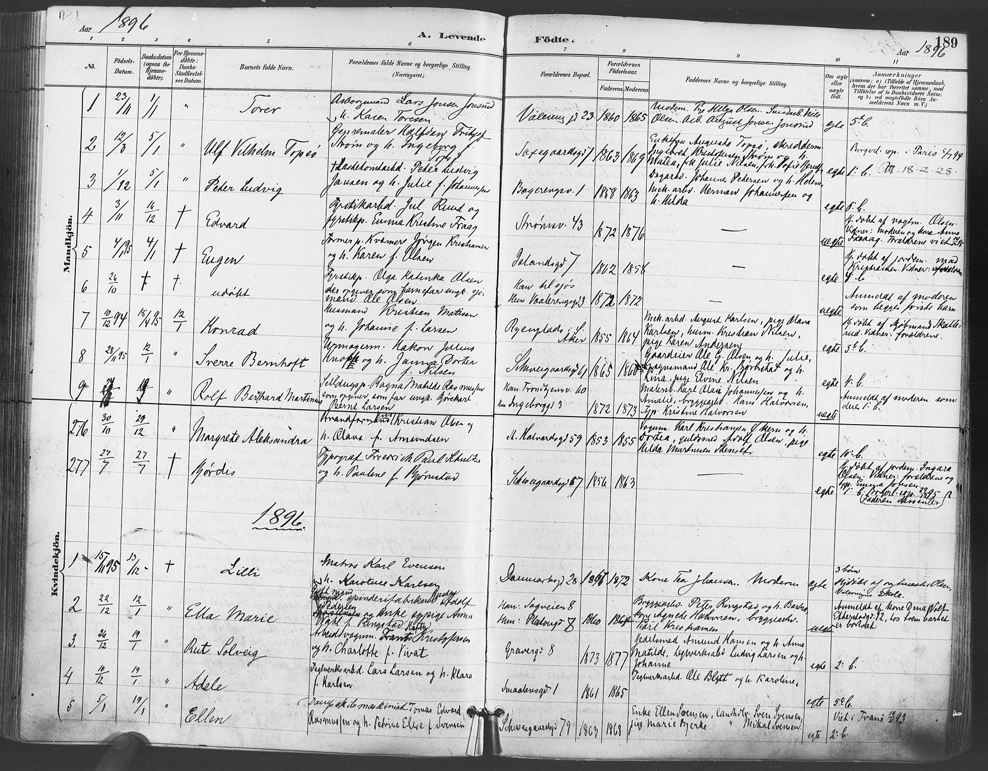 Gamlebyen prestekontor Kirkebøker, AV/SAO-A-10884/F/Fa/L0007: Parish register (official) no. 7, 1889-1899, p. 189