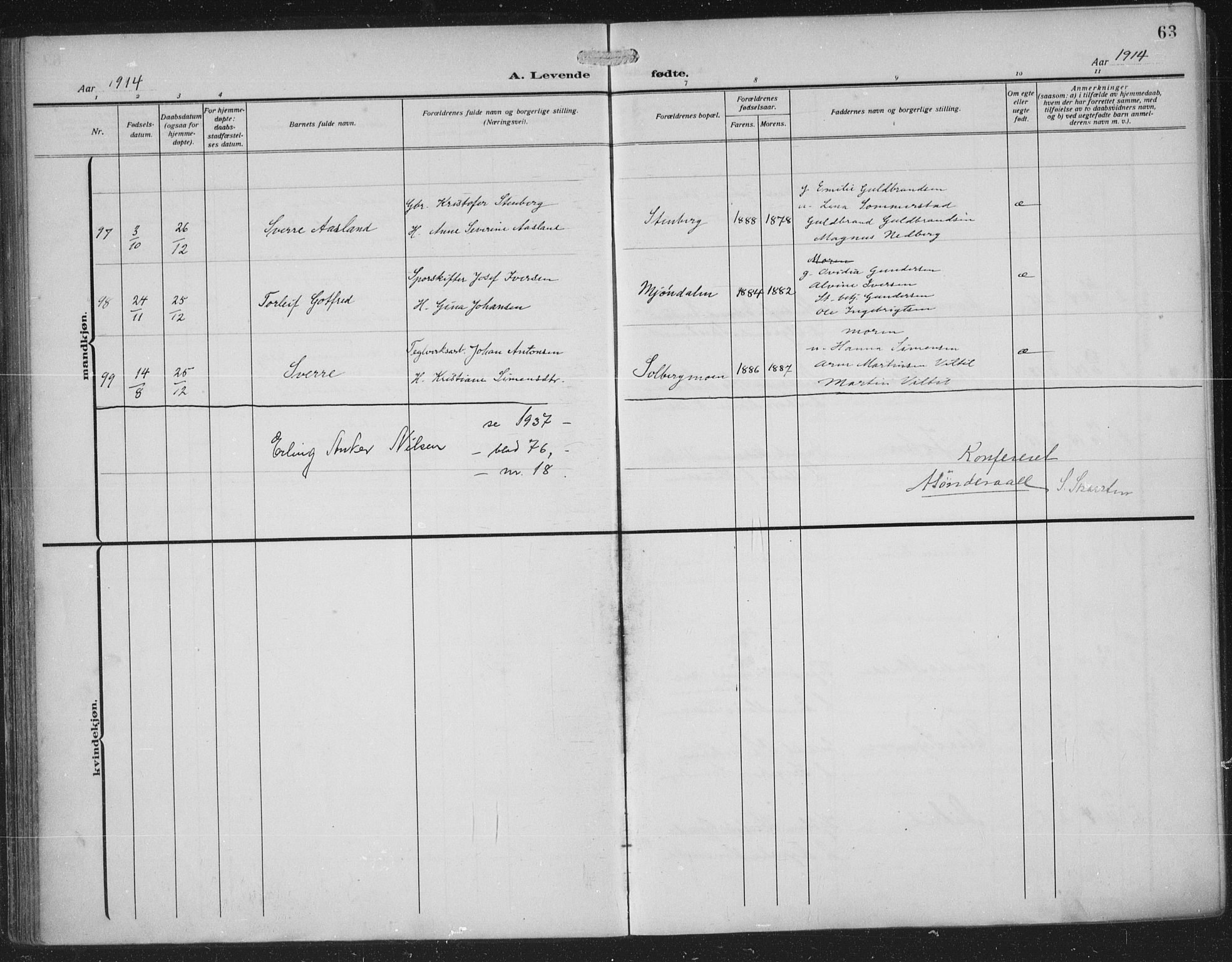 Nedre Eiker kirkebøker, AV/SAKO-A-612/F/Fa/L0007: Parish register (official) no. 7, 1912-1918, p. 63