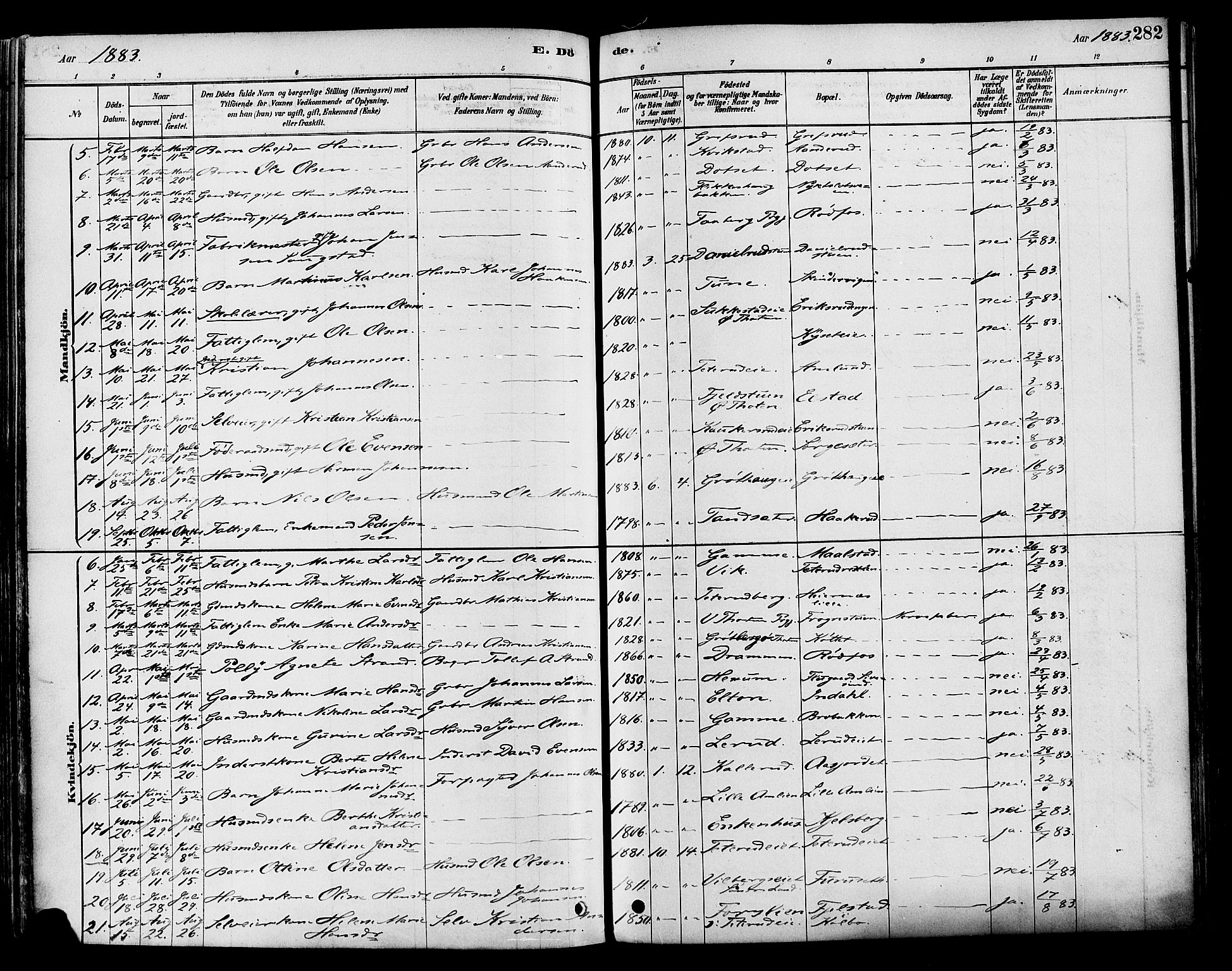 Vestre Toten prestekontor, AV/SAH-PREST-108/H/Ha/Haa/L0009: Parish register (official) no. 9, 1878-1894, p. 282