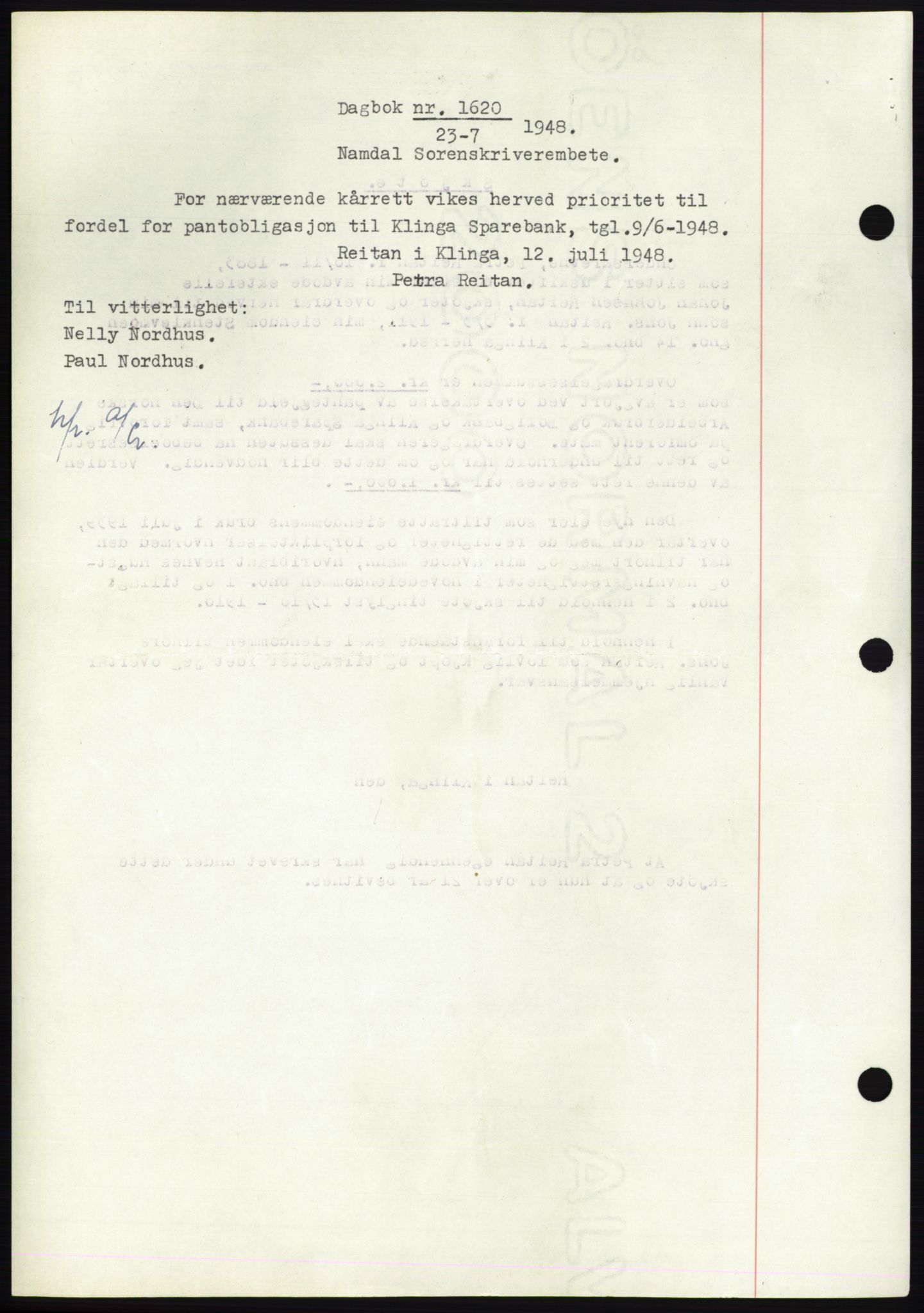 Namdal sorenskriveri, SAT/A-4133/1/2/2C: Mortgage book no. -, 1947-1948, Diary no: : 1620/1948