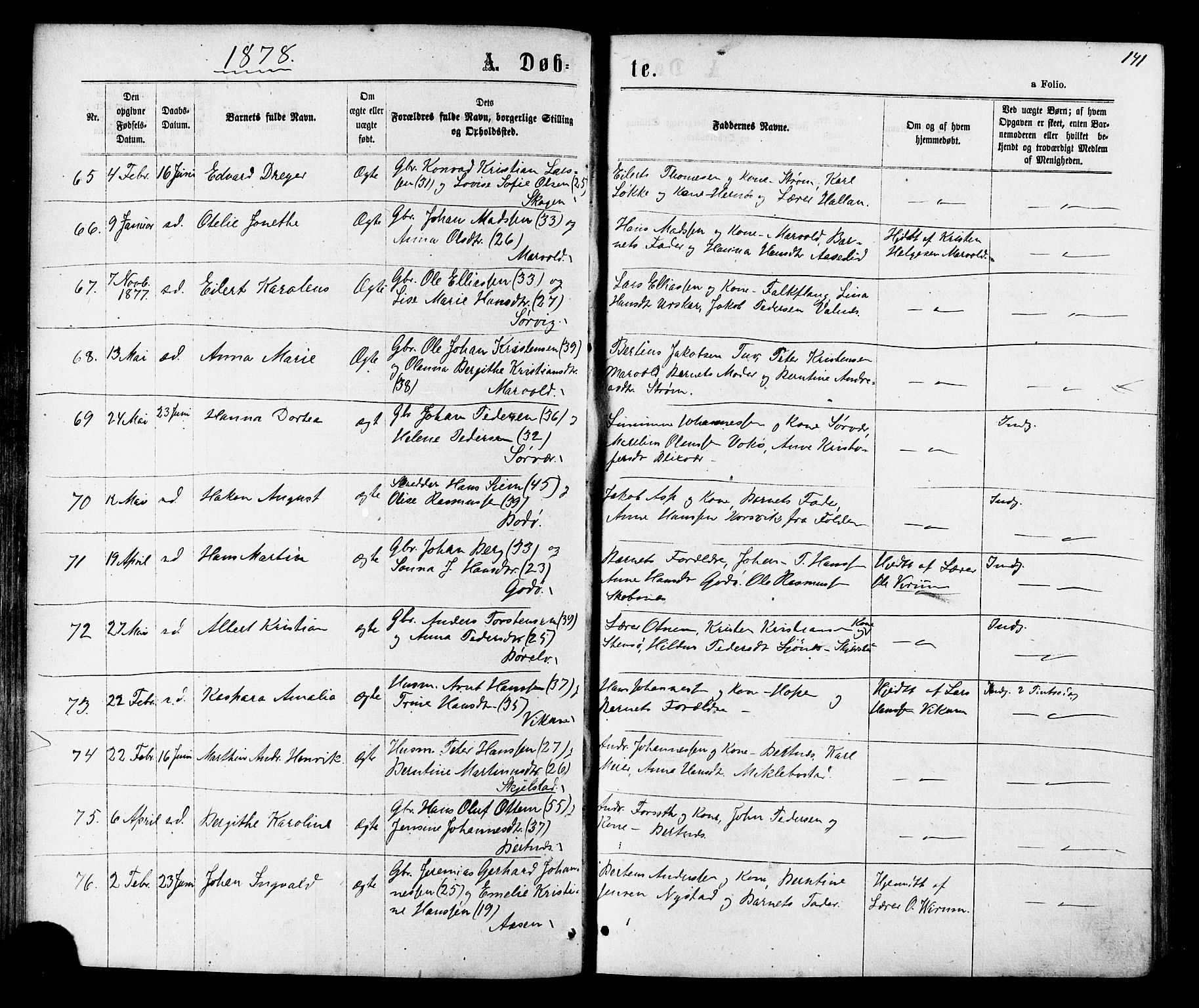 Ministerialprotokoller, klokkerbøker og fødselsregistre - Nordland, AV/SAT-A-1459/801/L0029: Parish register (copy) no. 801C04, 1868-1878, p. 141