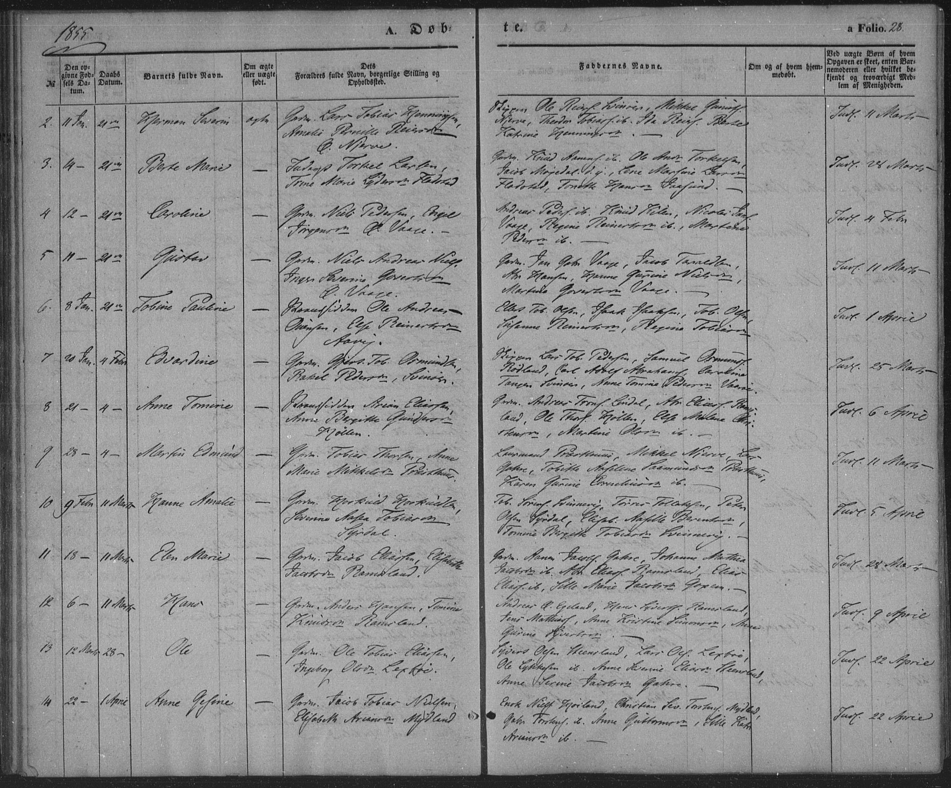 Sør-Audnedal sokneprestkontor, SAK/1111-0039/F/Fa/Faa/L0002: Parish register (official) no. A 2, 1848-1867, p. 28