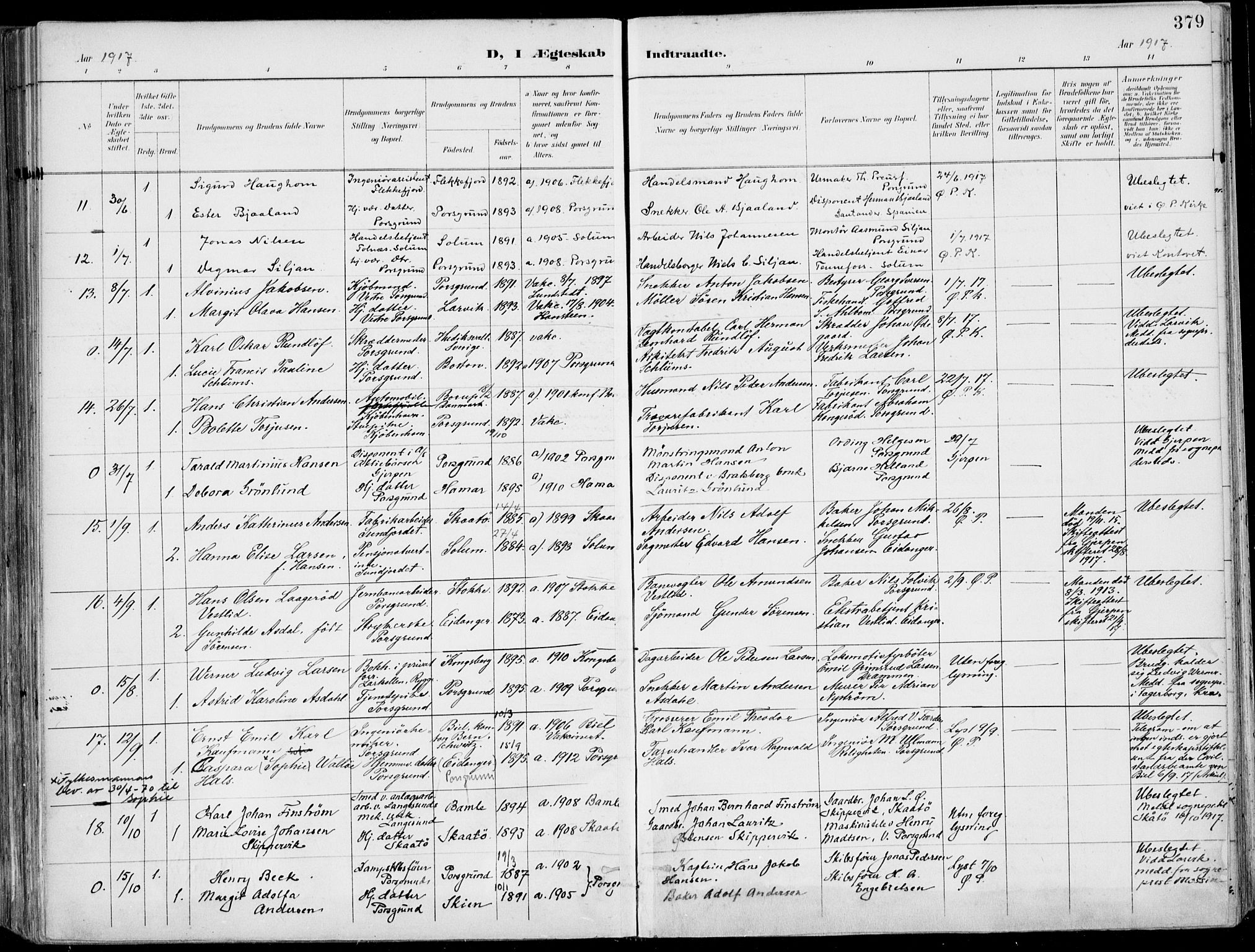Porsgrunn kirkebøker , AV/SAKO-A-104/F/Fa/L0011: Parish register (official) no. 11, 1895-1919, p. 379