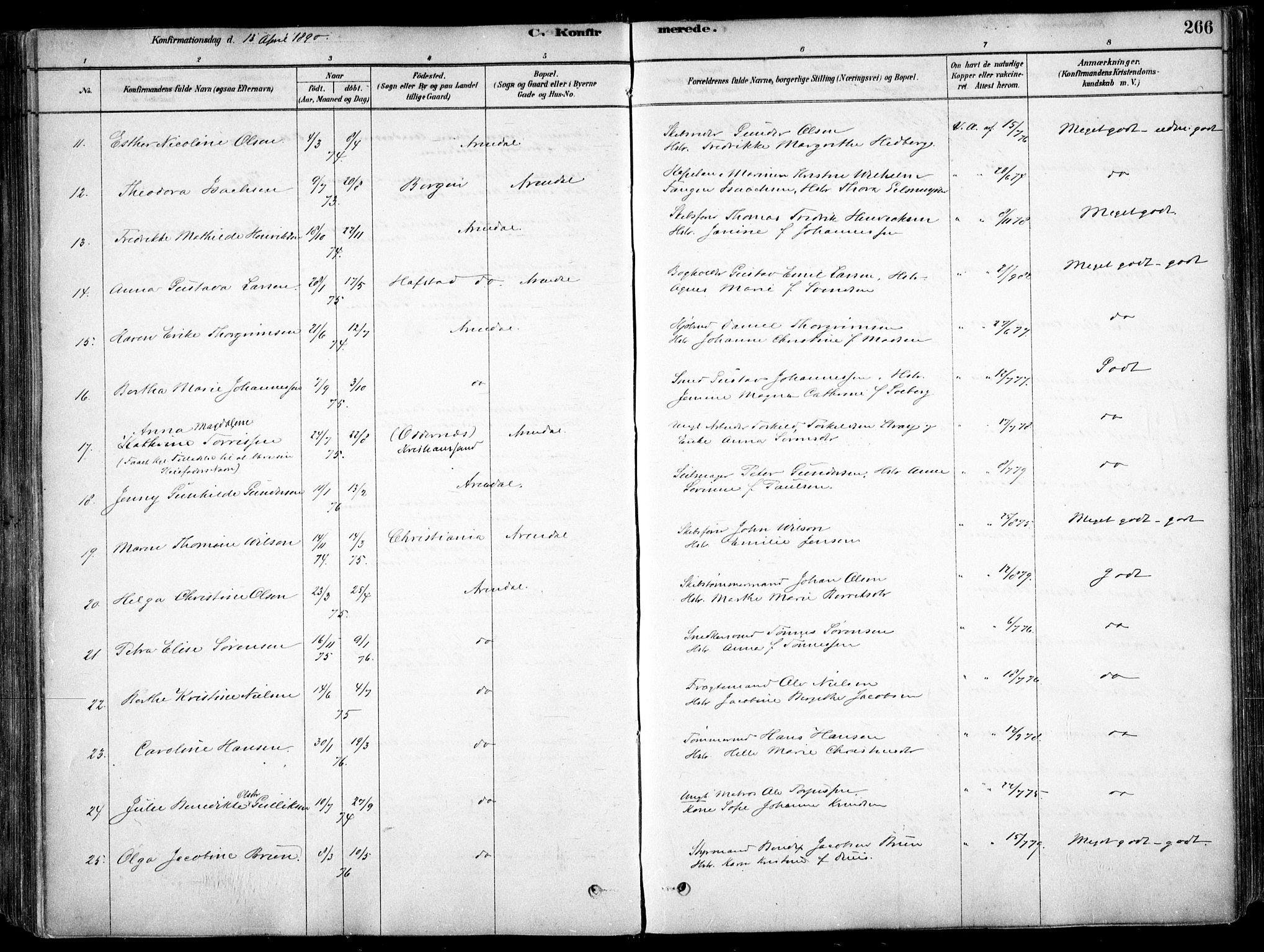 Arendal sokneprestkontor, Trefoldighet, AV/SAK-1111-0040/F/Fa/L0008: Parish register (official) no. A 8, 1878-1899, p. 266