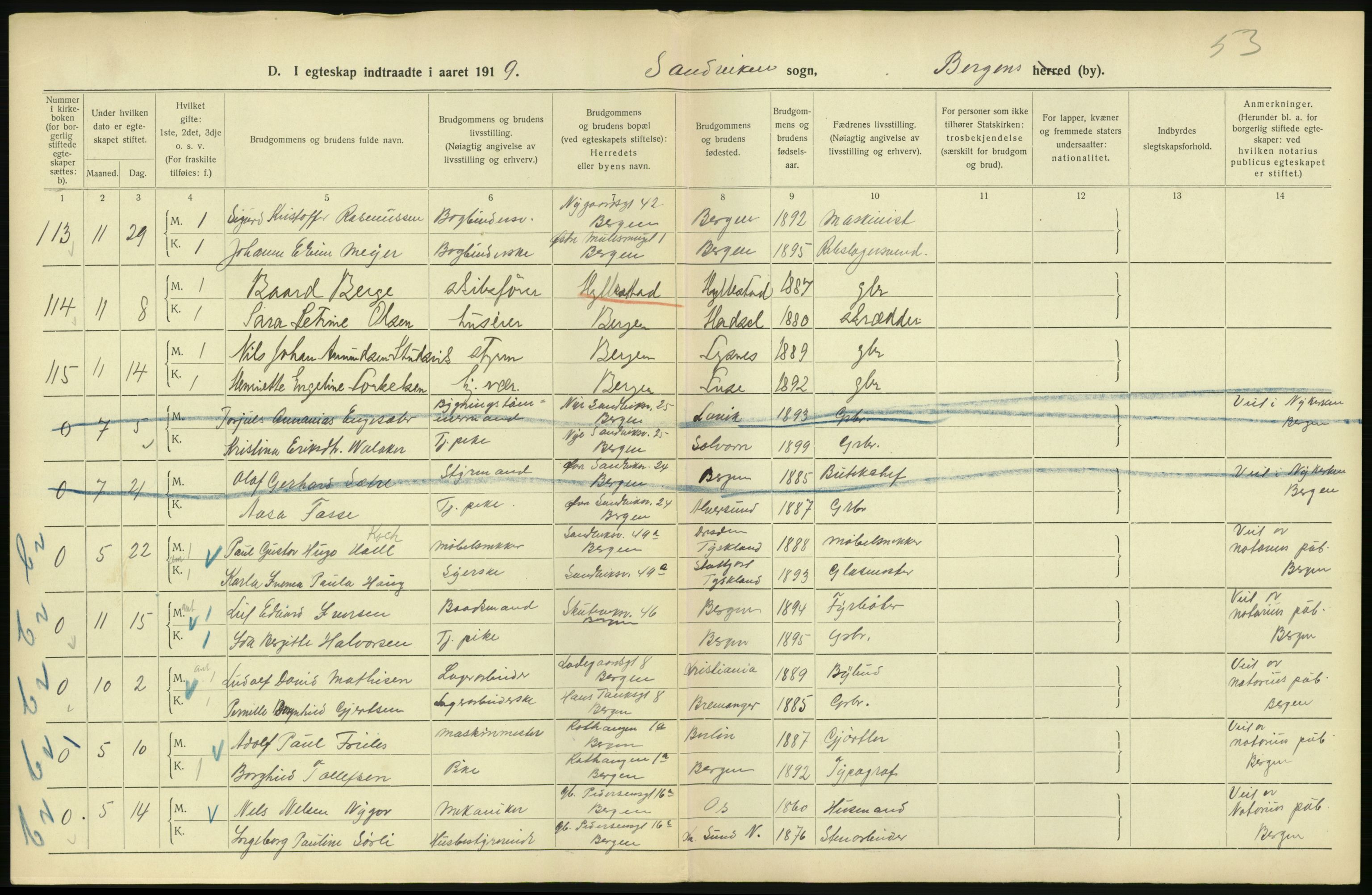 Statistisk sentralbyrå, Sosiodemografiske emner, Befolkning, RA/S-2228/D/Df/Dfb/Dfbi/L0035: Bergen: Gifte, døde, dødfødte., 1919, p. 54