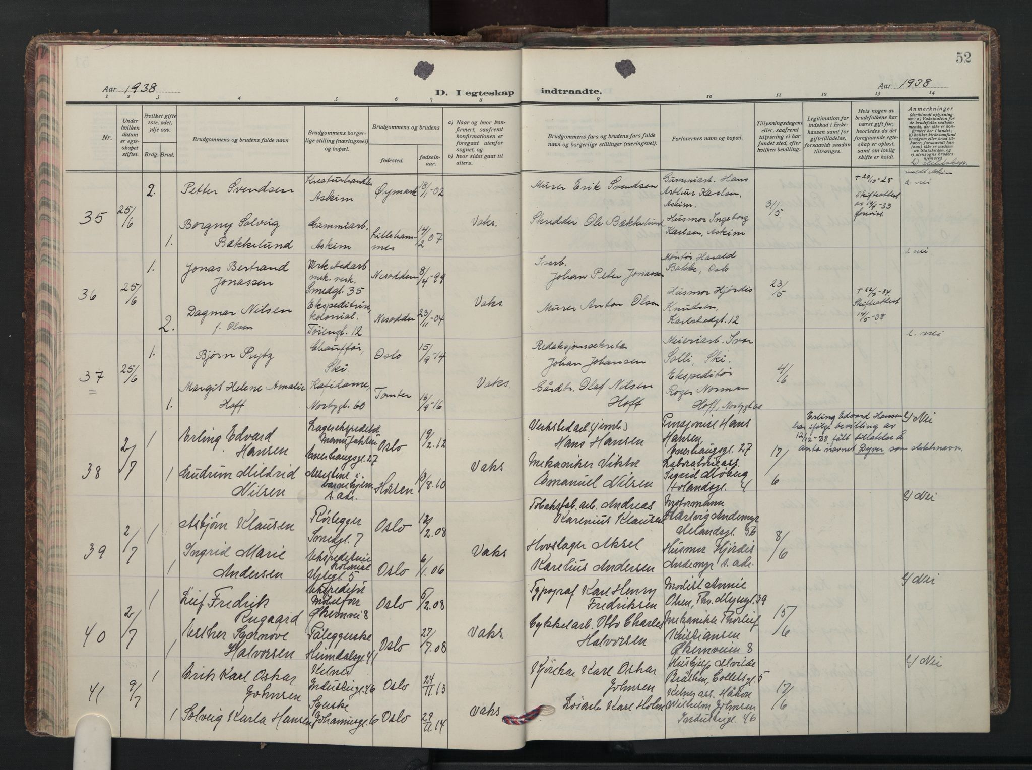 Grønland prestekontor Kirkebøker, AV/SAO-A-10848/F/Fa/L0020: Parish register (official) no. 20, 1935-1946, p. 52