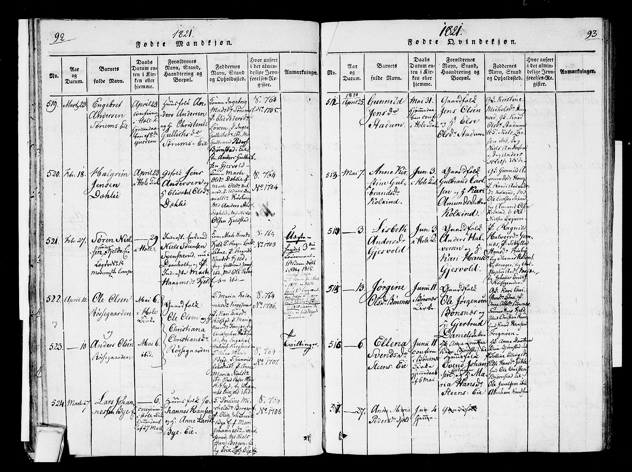 Hole kirkebøker, AV/SAKO-A-228/F/Fa/L0004: Parish register (official) no. I 4, 1814-1833, p. 92-93