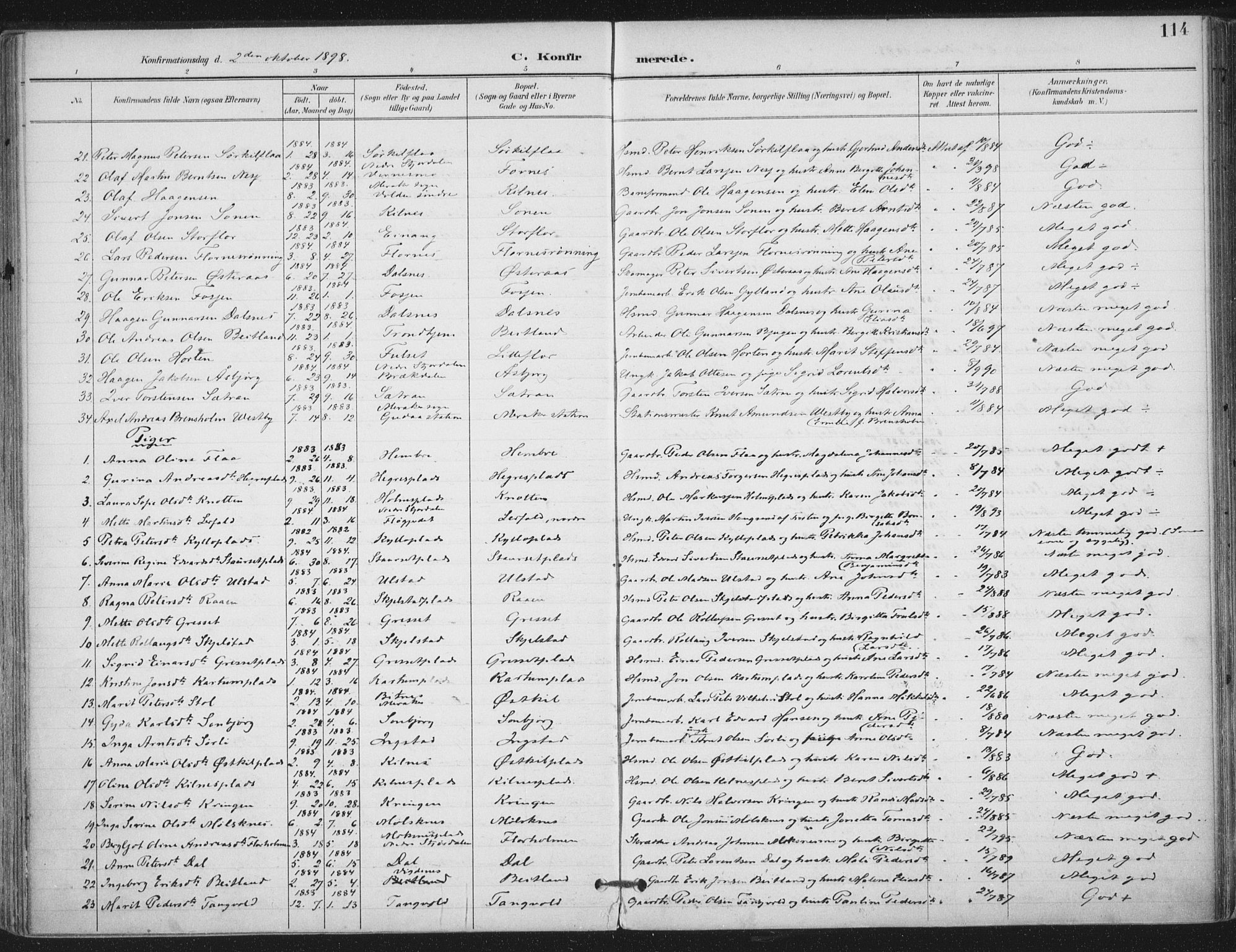 Ministerialprotokoller, klokkerbøker og fødselsregistre - Nord-Trøndelag, AV/SAT-A-1458/703/L0031: Parish register (official) no. 703A04, 1893-1914, p. 114