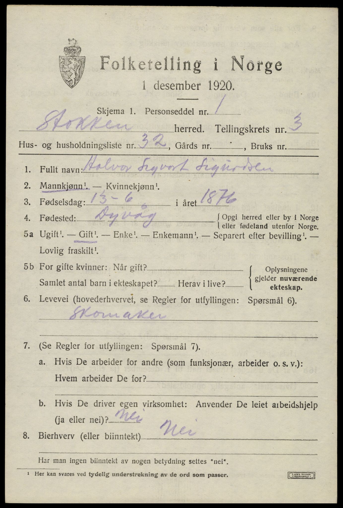 SAK, 1920 census for Stokken, 1920, p. 2454