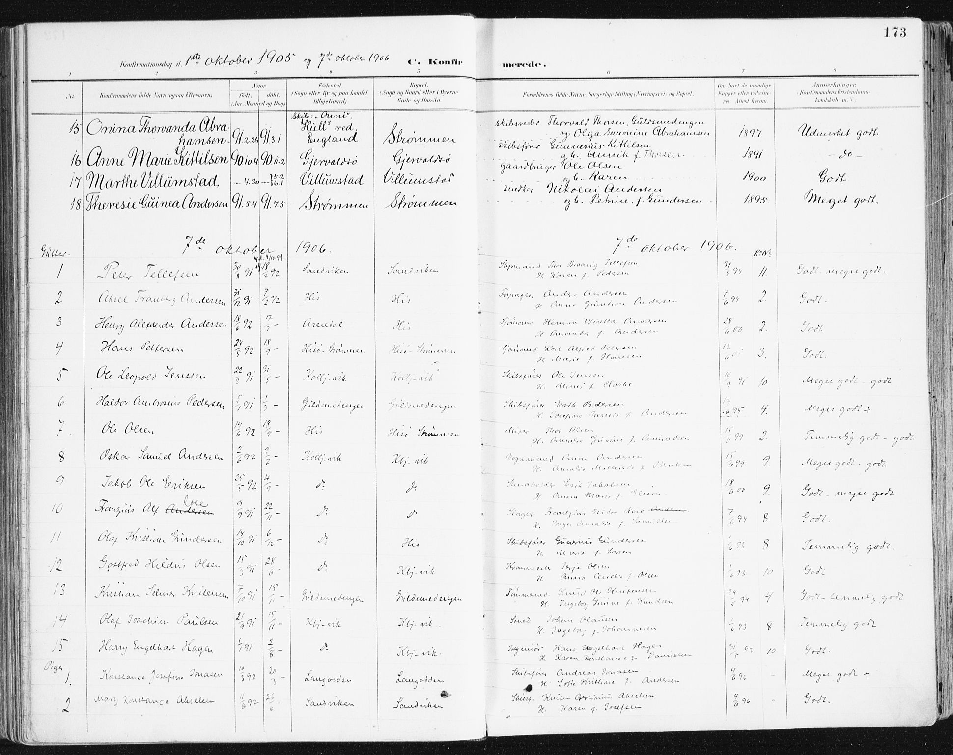 Hisøy sokneprestkontor, SAK/1111-0020/F/Fa/L0004: Parish register (official) no. A 4, 1895-1917, p. 173