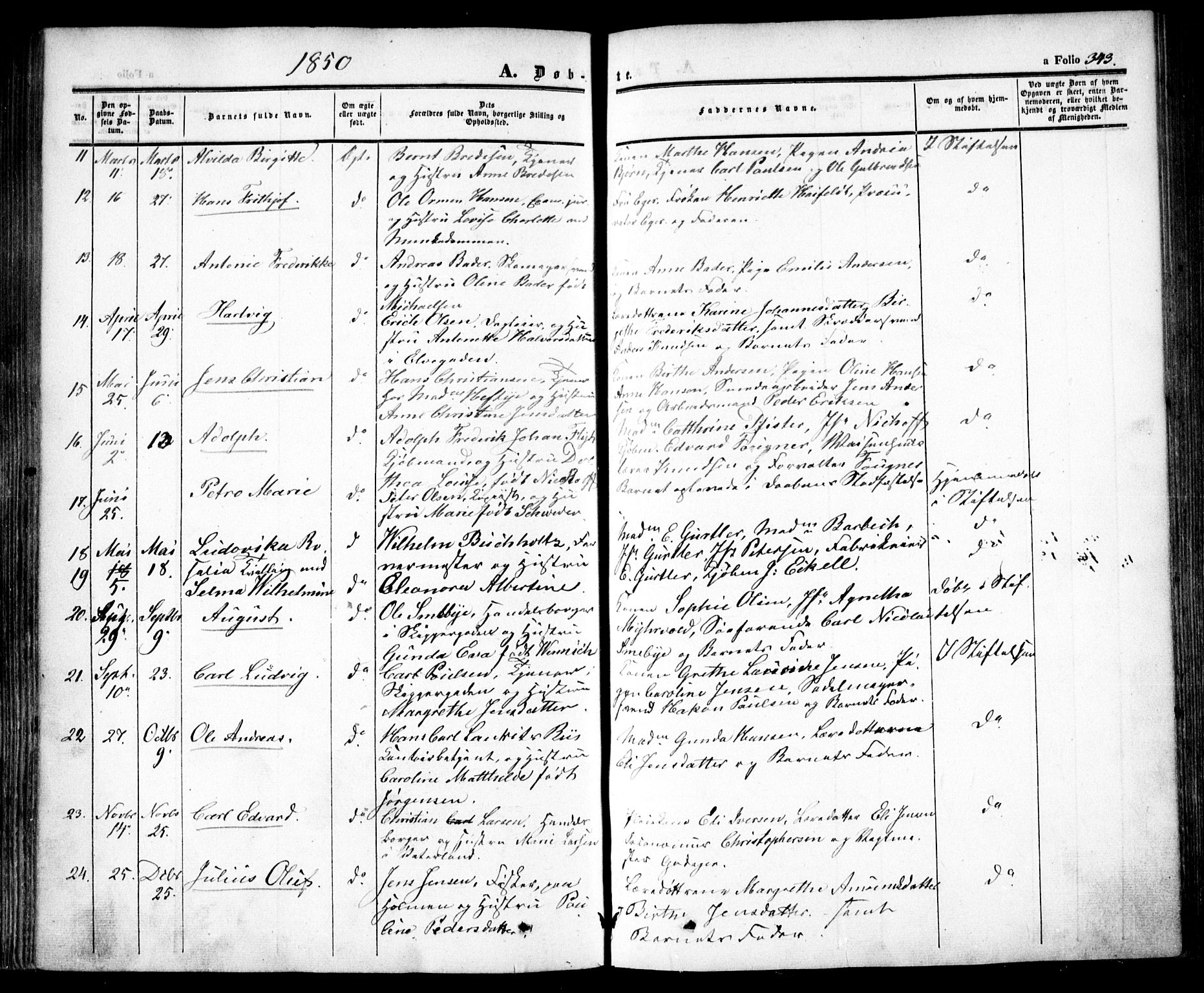 Oslo domkirke Kirkebøker, SAO/A-10752/F/Fa/L0013: Parish register (official) no. 13, 1844-1864, p. 343
