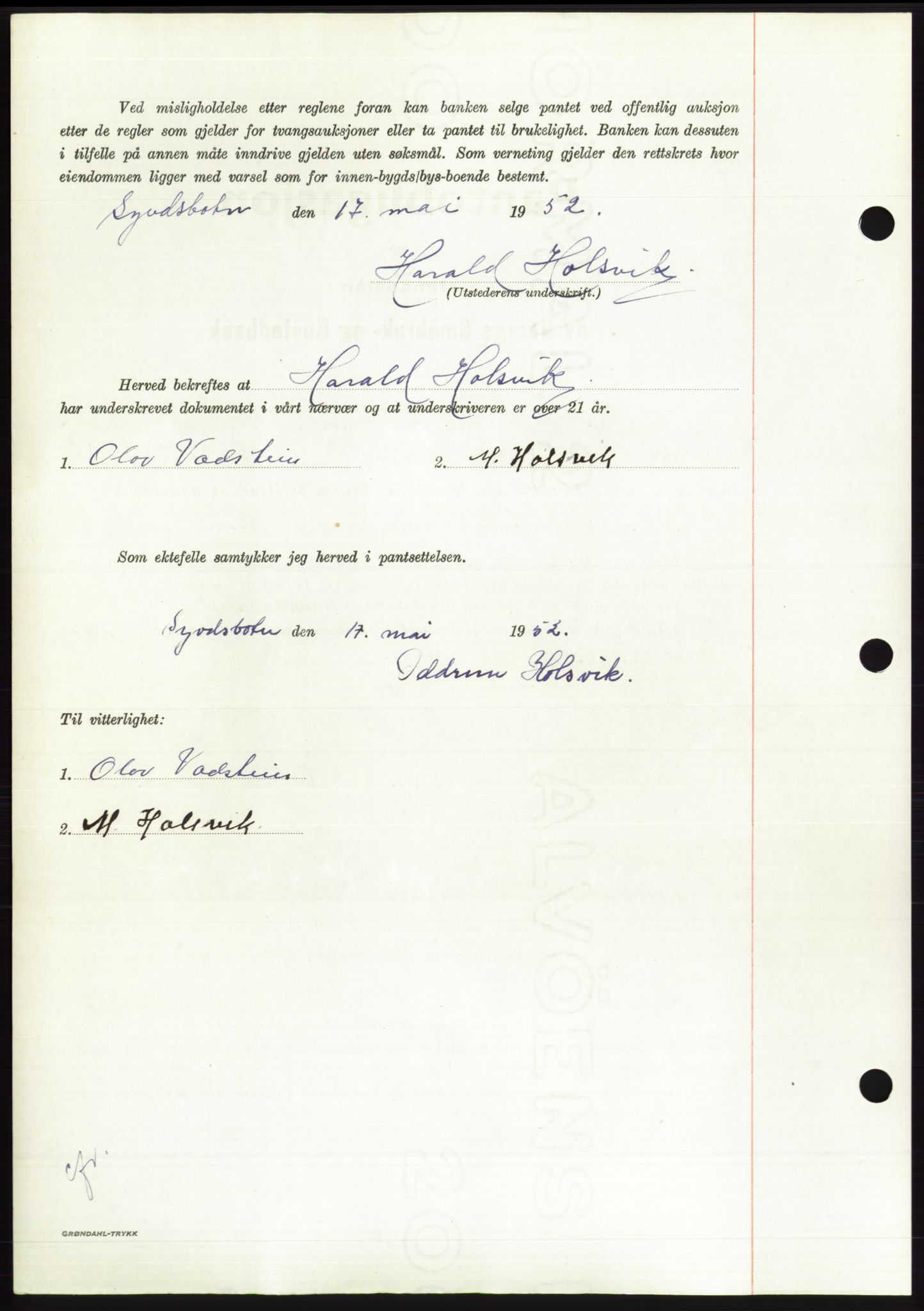 Søre Sunnmøre sorenskriveri, AV/SAT-A-4122/1/2/2C/L0121: Mortgage book no. 9B, 1951-1952, Diary no: : 960/1952