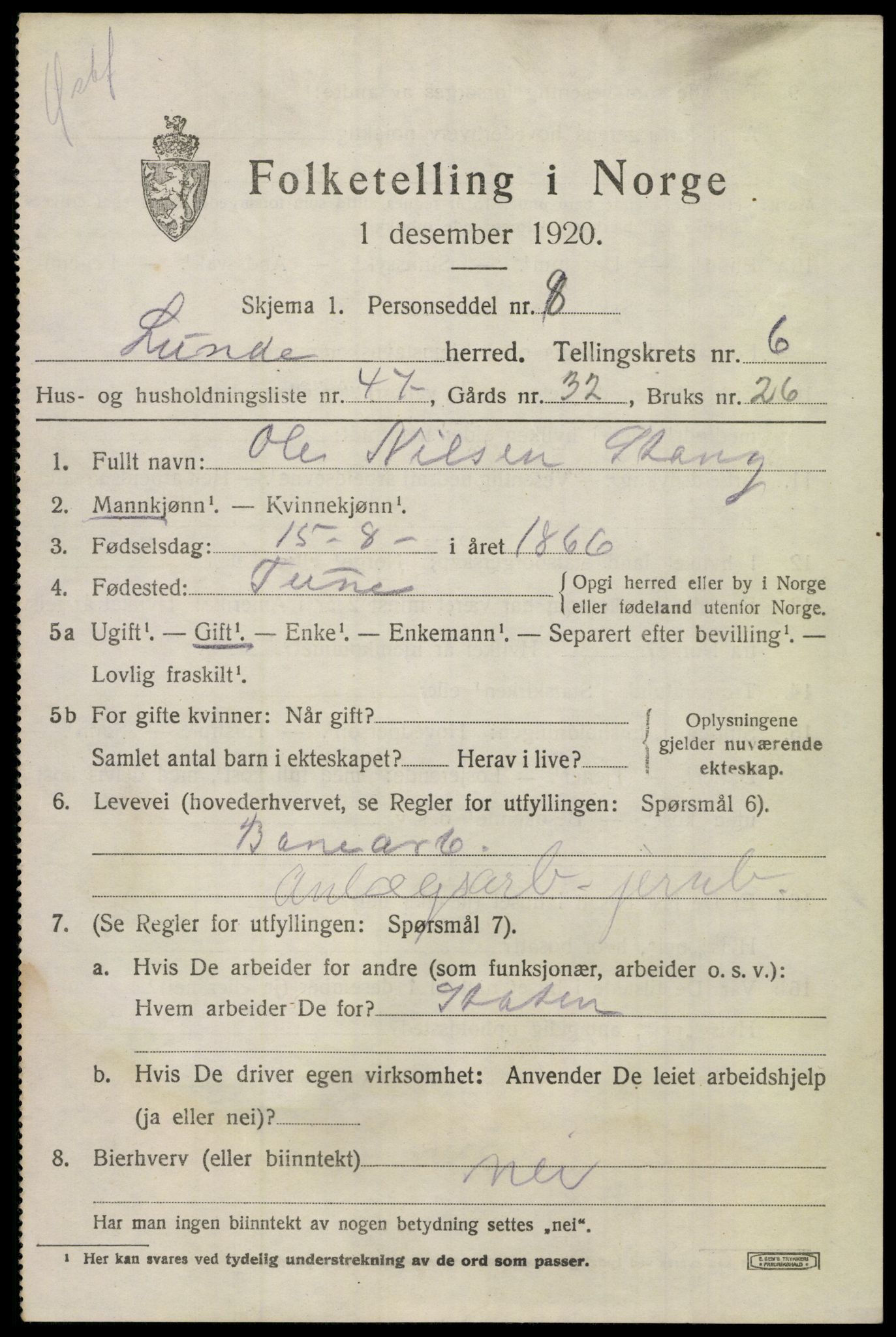 SAKO, 1920 census for Lunde, 1920, p. 4827