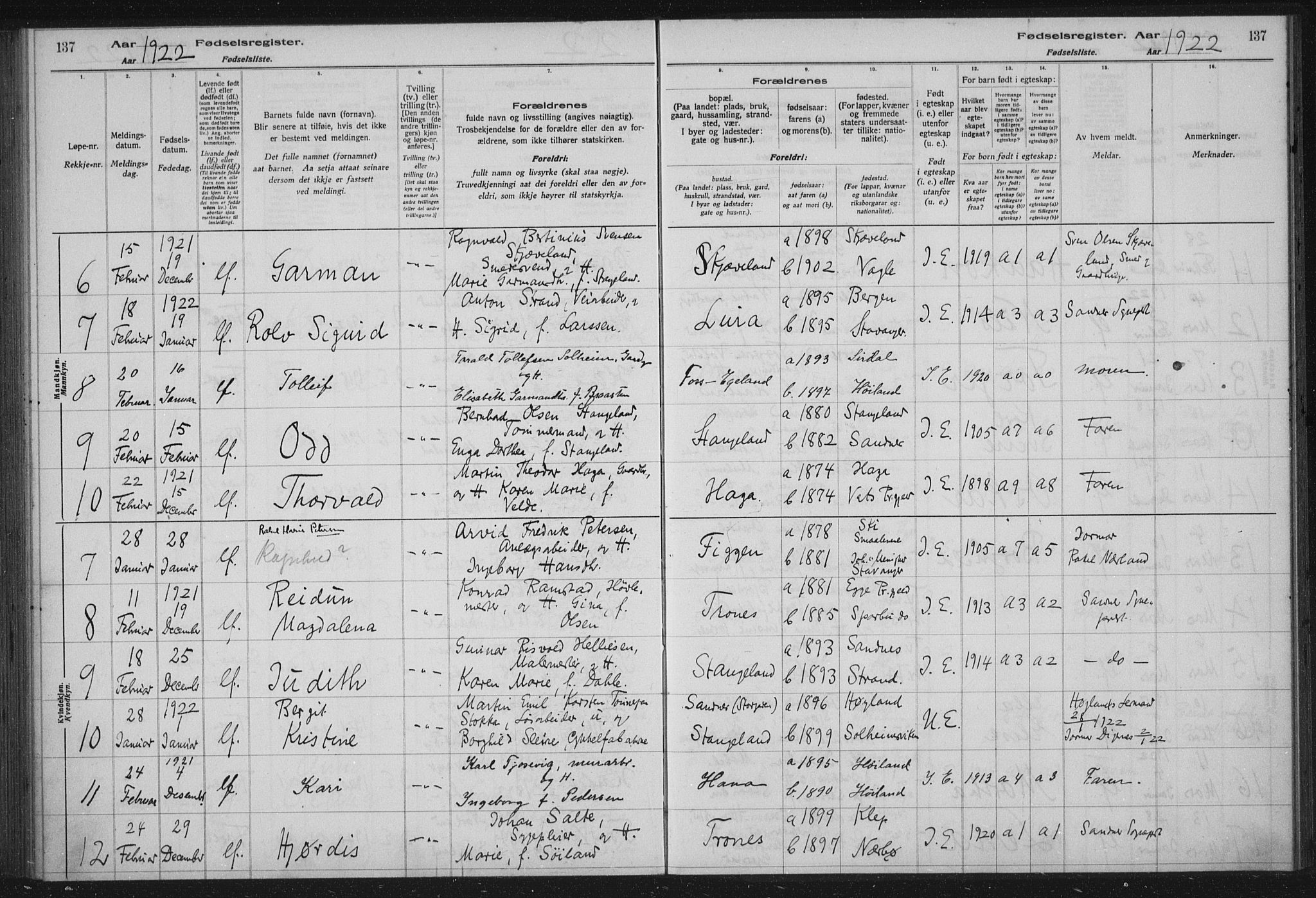 Høyland sokneprestkontor, AV/SAST-A-101799/002/O/L0001: Birth register no. 1, 1916-1924, p. 137