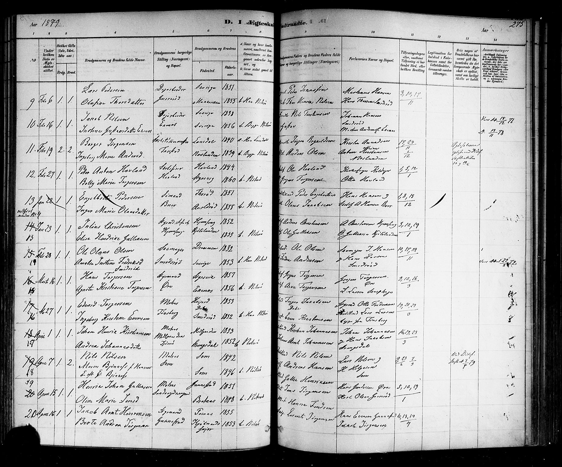 Nøtterøy kirkebøker, AV/SAKO-A-354/F/Fa/L0008: Parish register (official) no. I 8, 1878-1893, p. 275