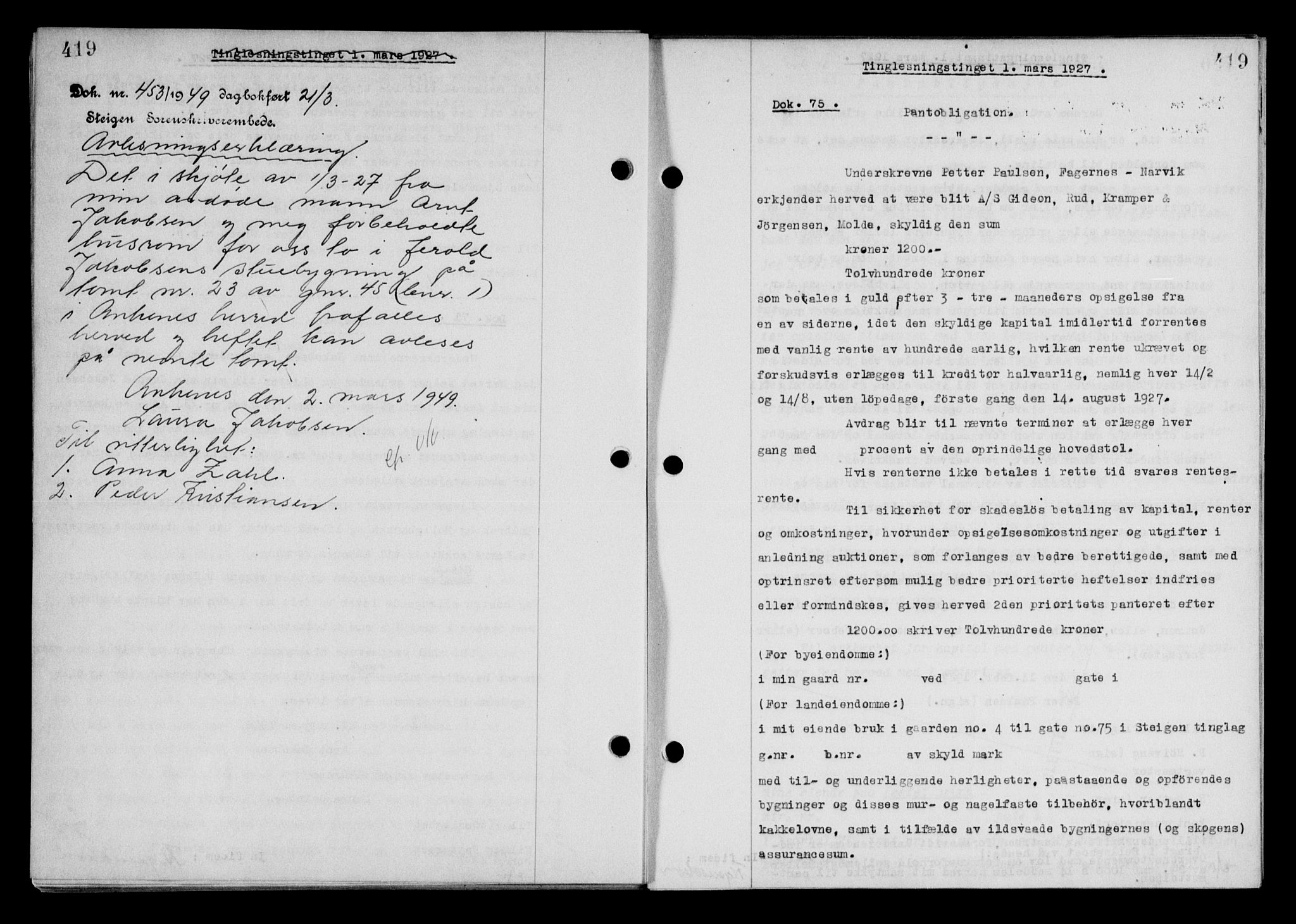 Steigen og Ofoten sorenskriveri, SAT/A-0030/1/2/2C/L0014: Mortgage book no. 13 og 15, 1926-1927, Deed date: 01.03.1927