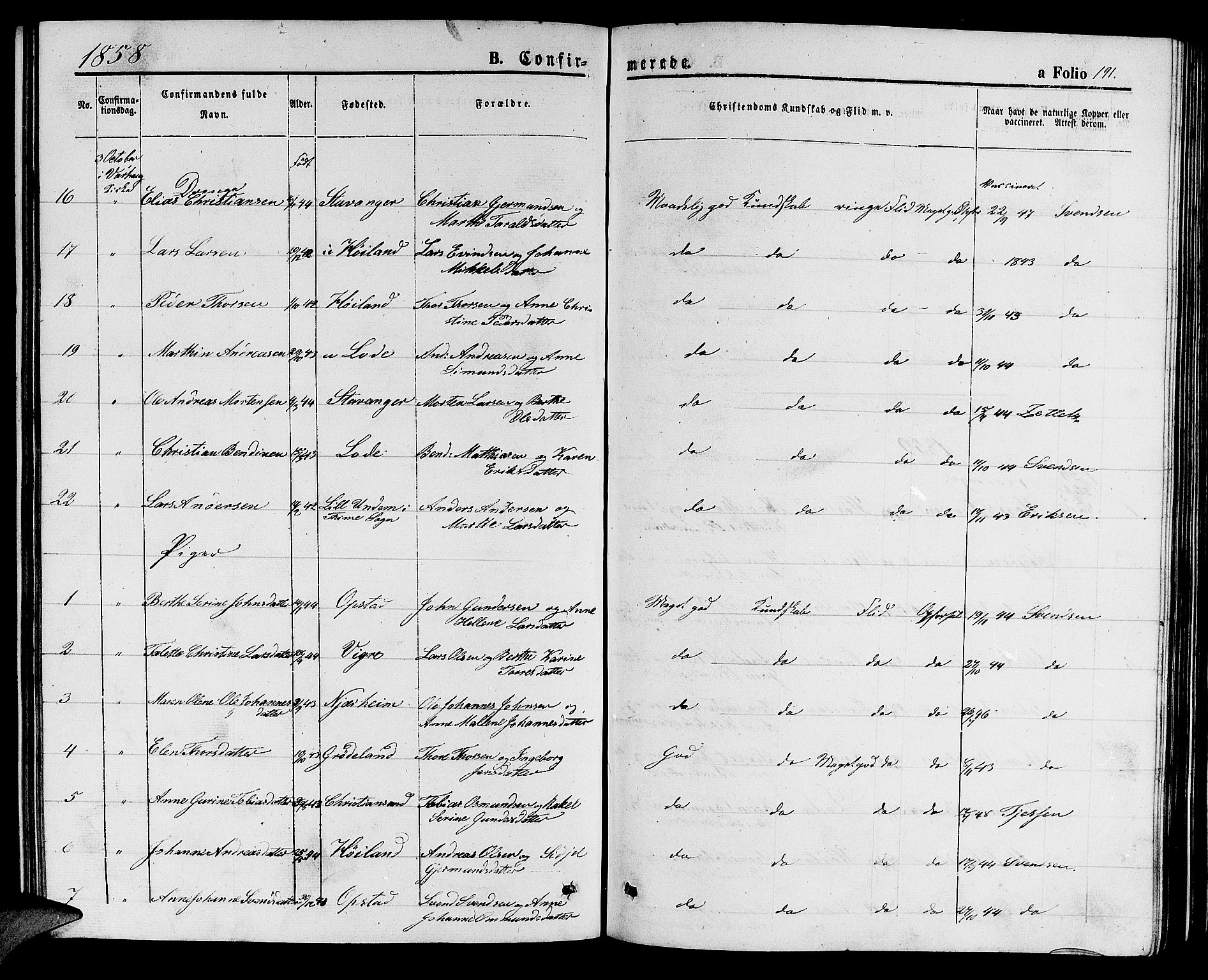 Hå sokneprestkontor, SAST/A-101801/001/30BB/L0001: Parish register (copy) no. B 1, 1854-1883, p. 191