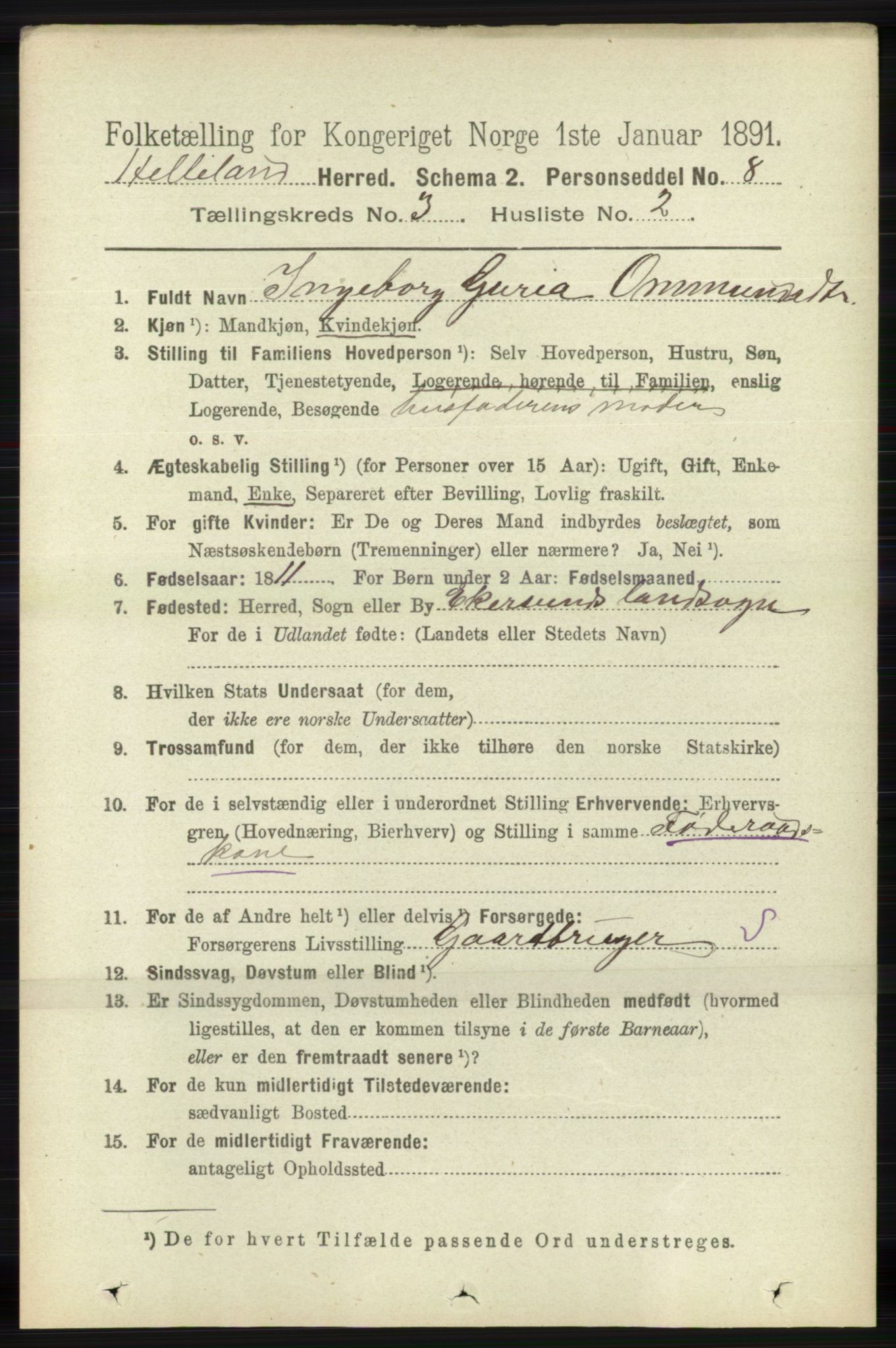 RA, 1891 census for 1115 Helleland, 1891, p. 855