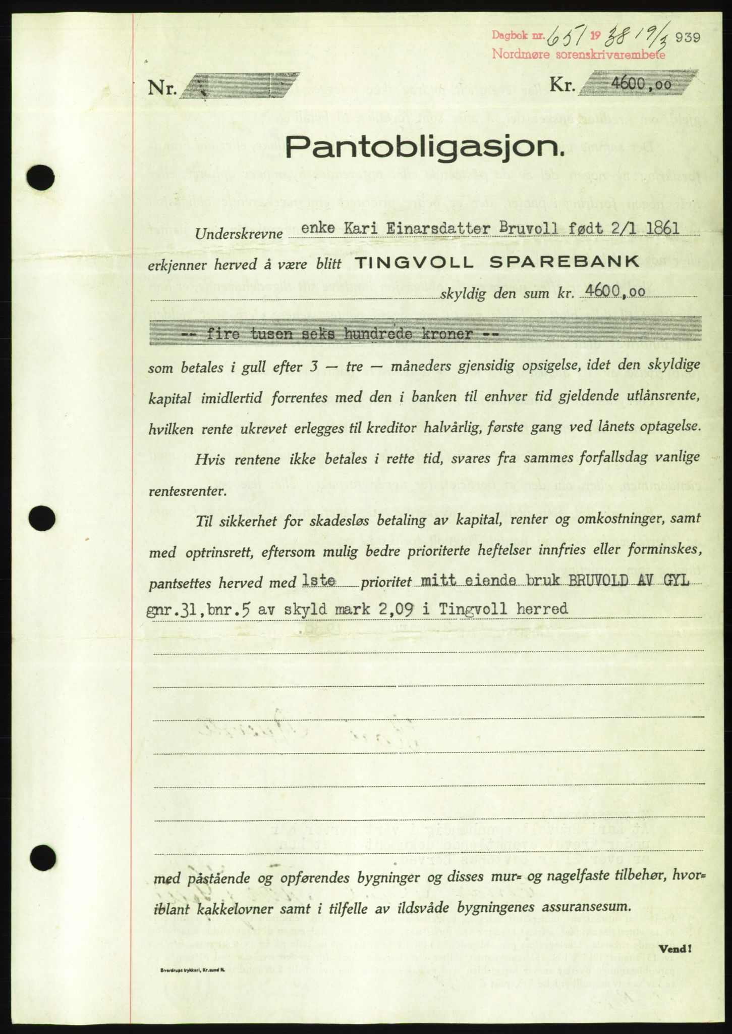 Nordmøre sorenskriveri, AV/SAT-A-4132/1/2/2Ca/L0092: Mortgage book no. B82, 1937-1938, Diary no: : 651/1938