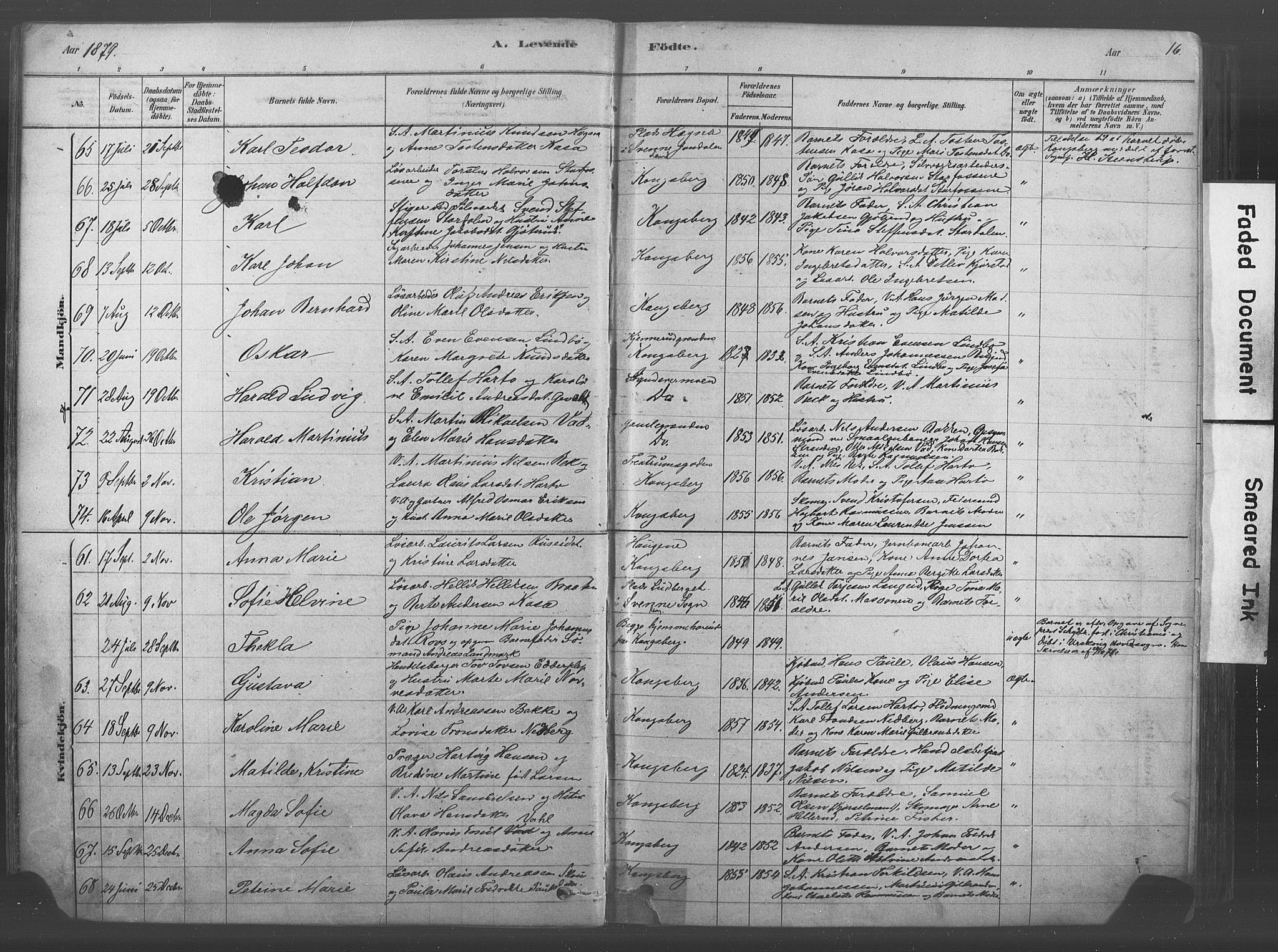 Kongsberg kirkebøker, AV/SAKO-A-22/F/Fb/L0001: Parish register (official) no. II 1, 1878-1886, p. 16